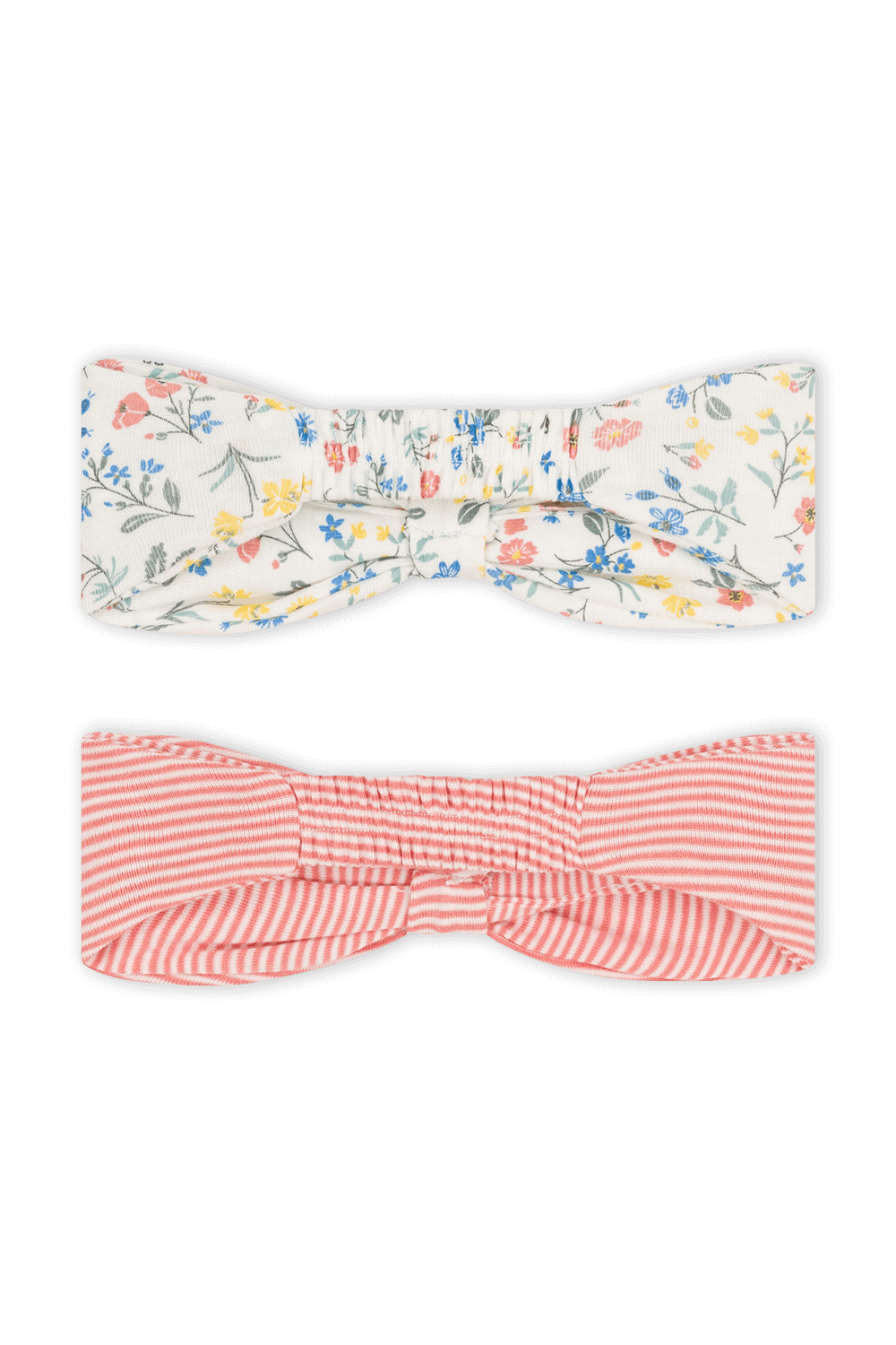 תמונה אחורית של מארז שני פפיונים לשיער עם הדפס פרחוני והדפס פסים ורוד