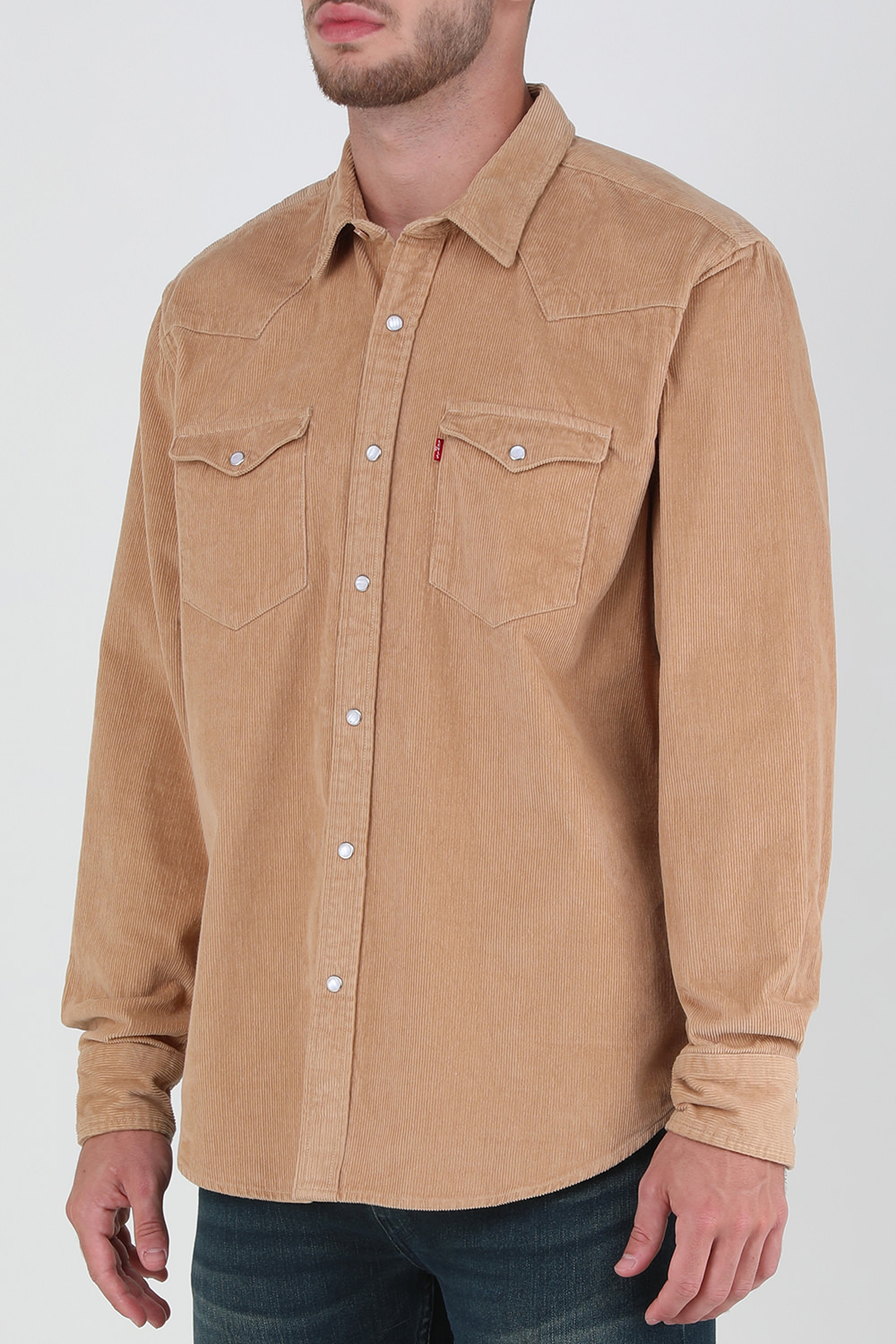 תמונת דוגמן קידמית של חולצת קורדרוי מכופתרת ארוכה