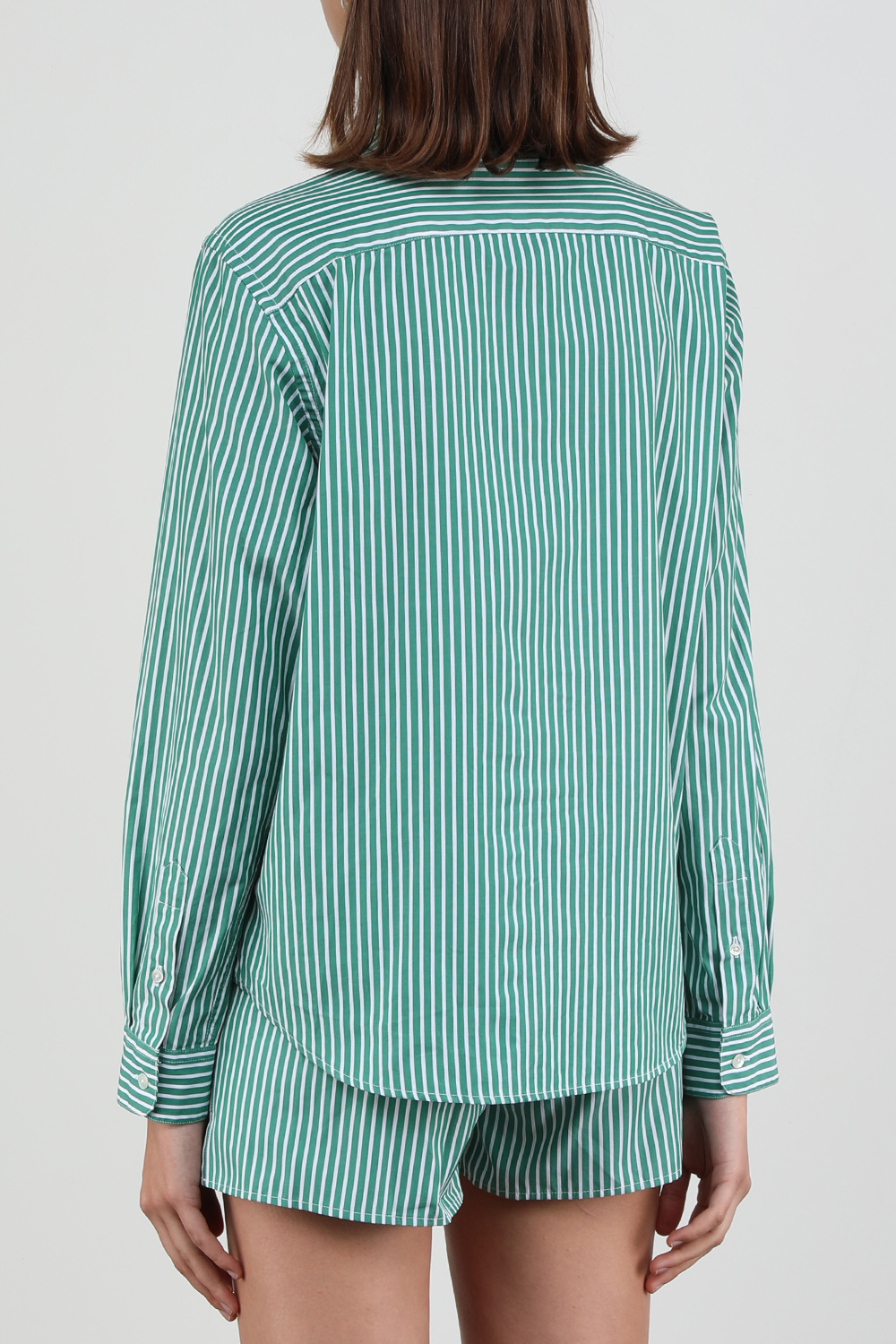 תמונת דוגמן אחורית של חולצה מכופתרת עם הדפס פסים בגווני ירוק ולבן