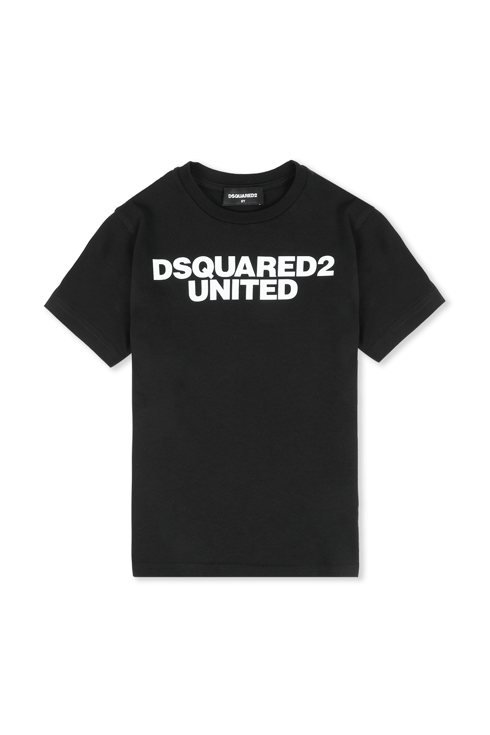 תמונה קידמית של גילאי 4-16 חולצת טי בשחור עם שם המותג