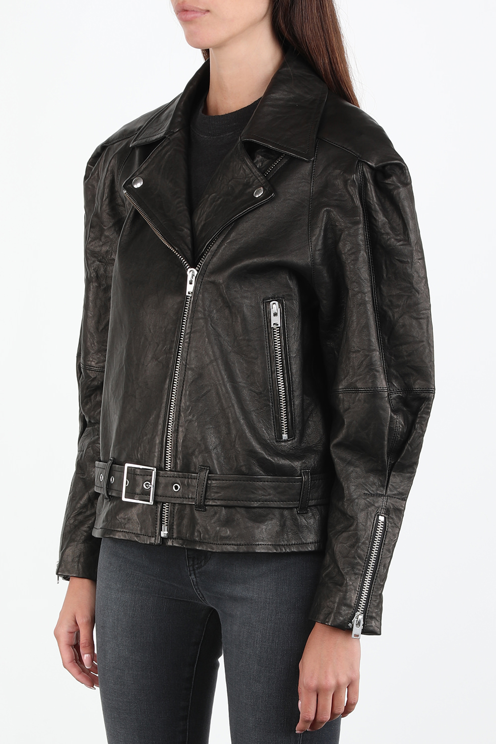 תמונת דוגמן קידמית של Kabuki Oversized Puff Sleeve Leather Jacket In Black
