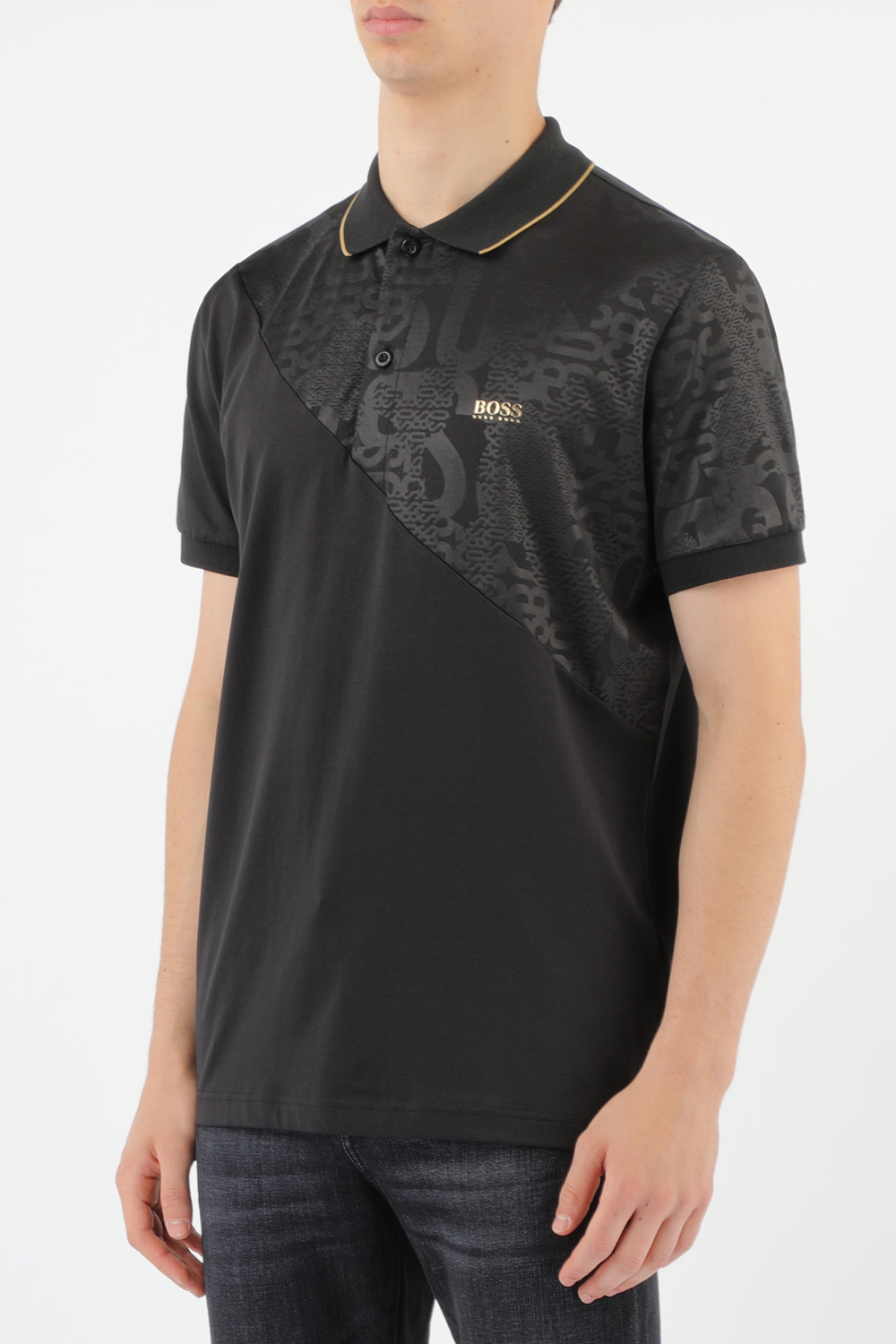 תמונת דוגמן קידמית של Cotton-Blend Black Polo Shirt With Embossed Logo Artwork