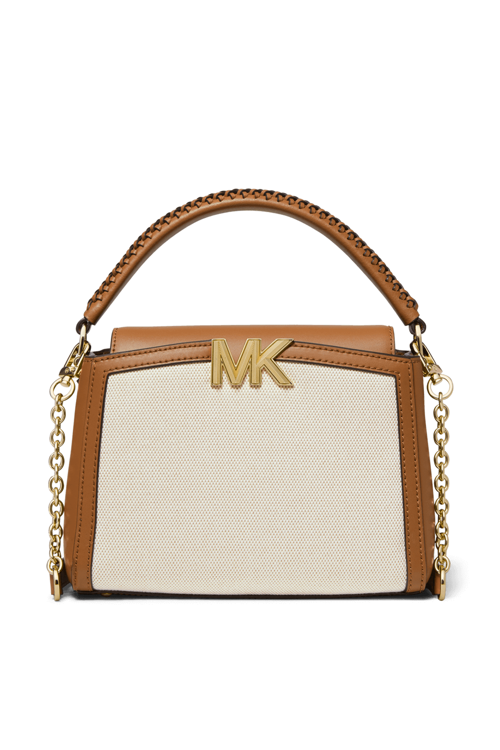 תמונה קידמית של תיק קרוס קרלי בגווני בז' וחום עם לוגו מטאלי