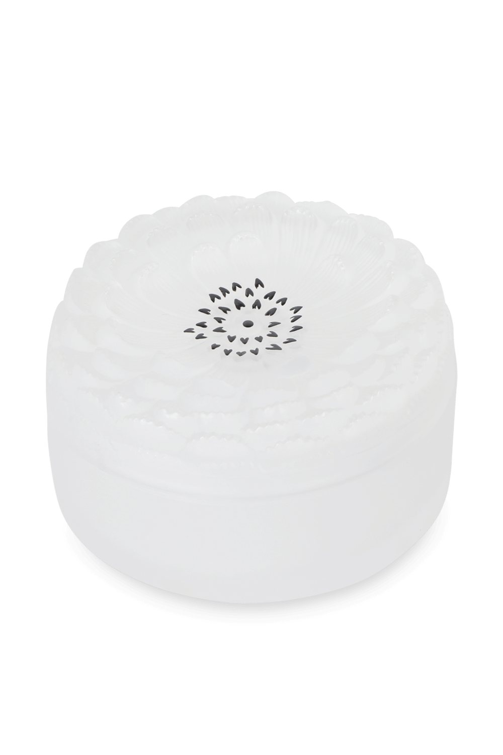 תמונה קידמית של קופסה עגולה עם מכסה בעיצוב פרח מקריסטל שקוף