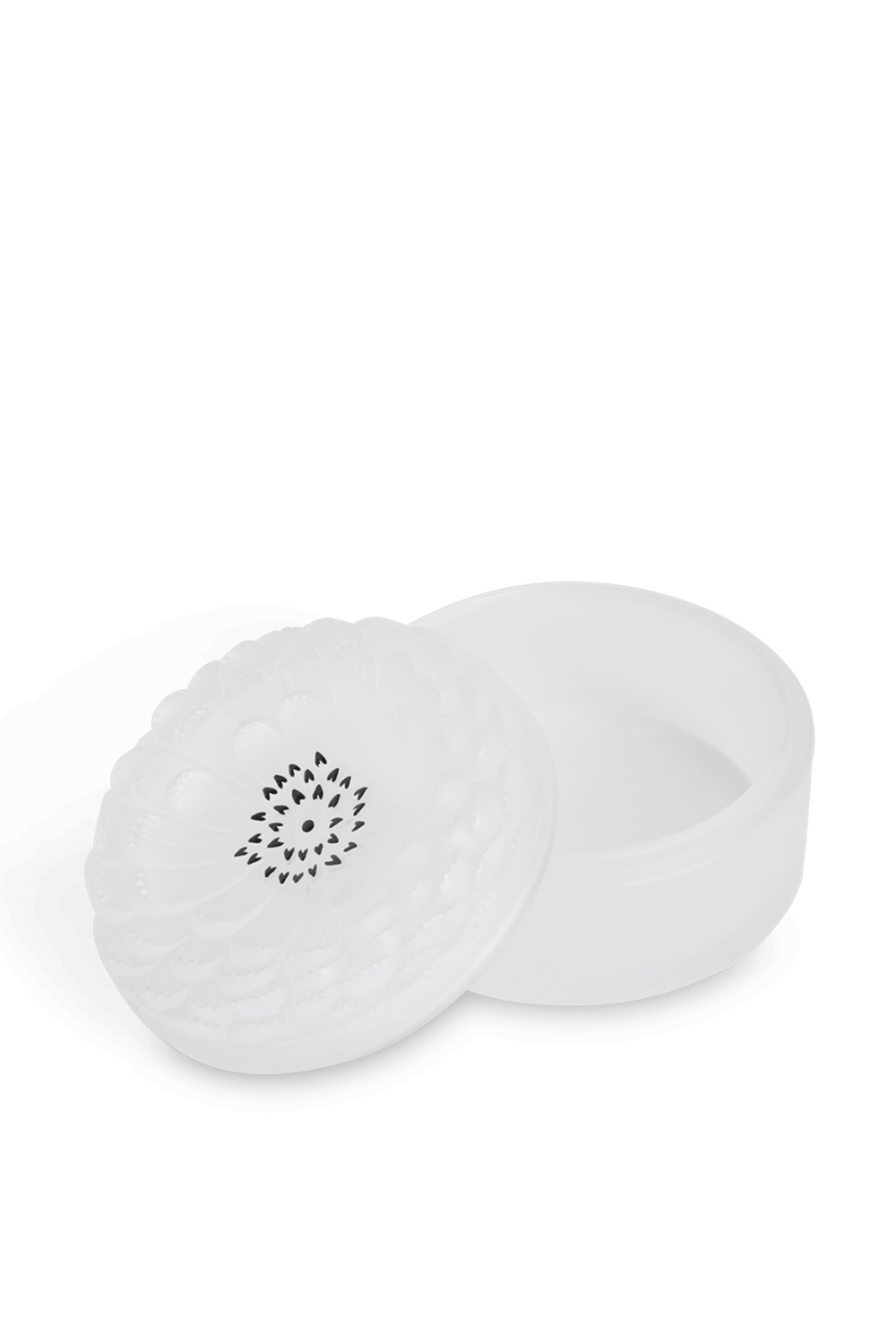 תמונה אחורית של קופסה עגולה עם מכסה בעיצוב פרח מקריסטל שקוף