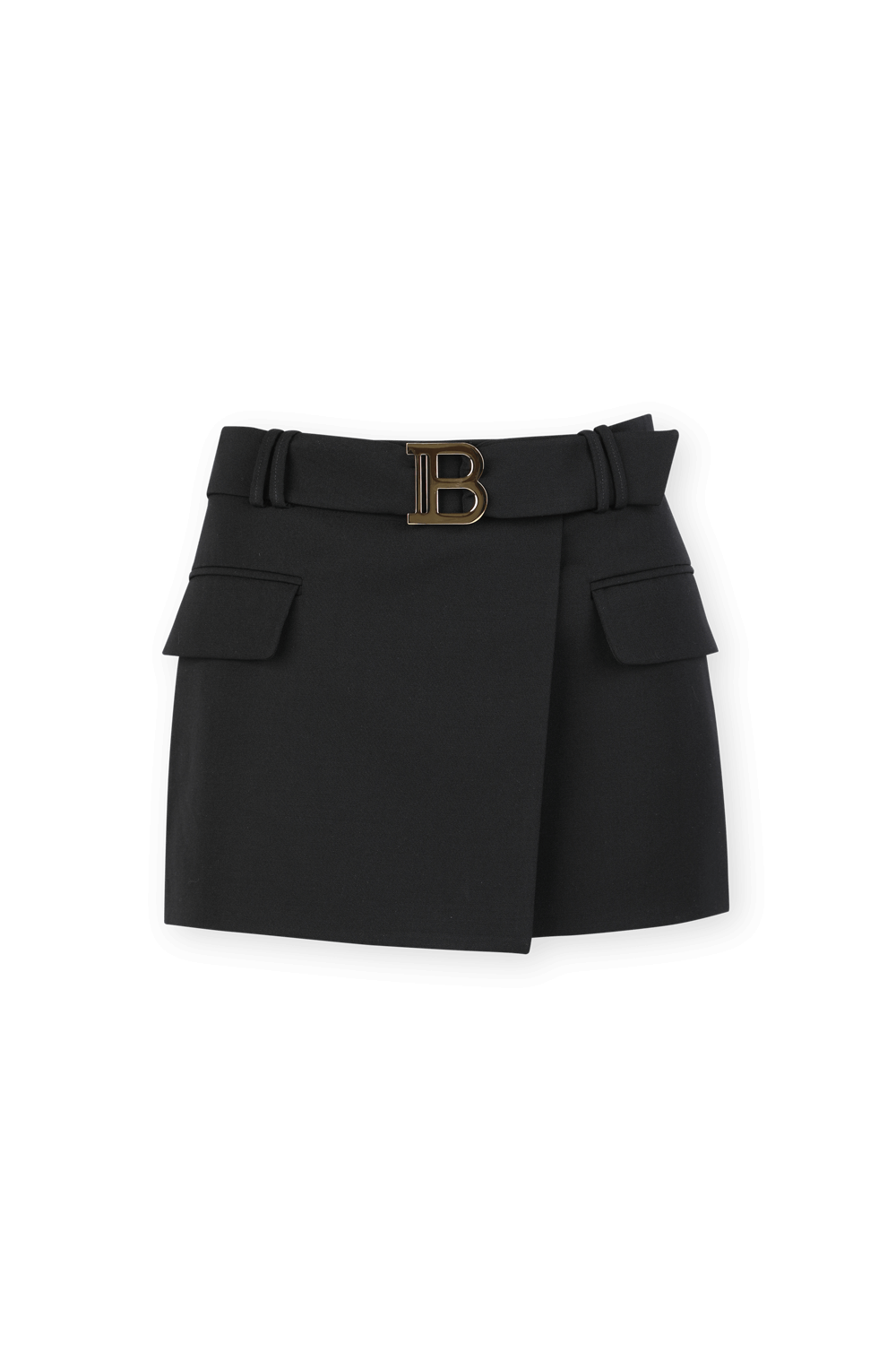 תמונה קידמית של חצאית מיני שחורה מצמר עם אלמנט מונוגרמי