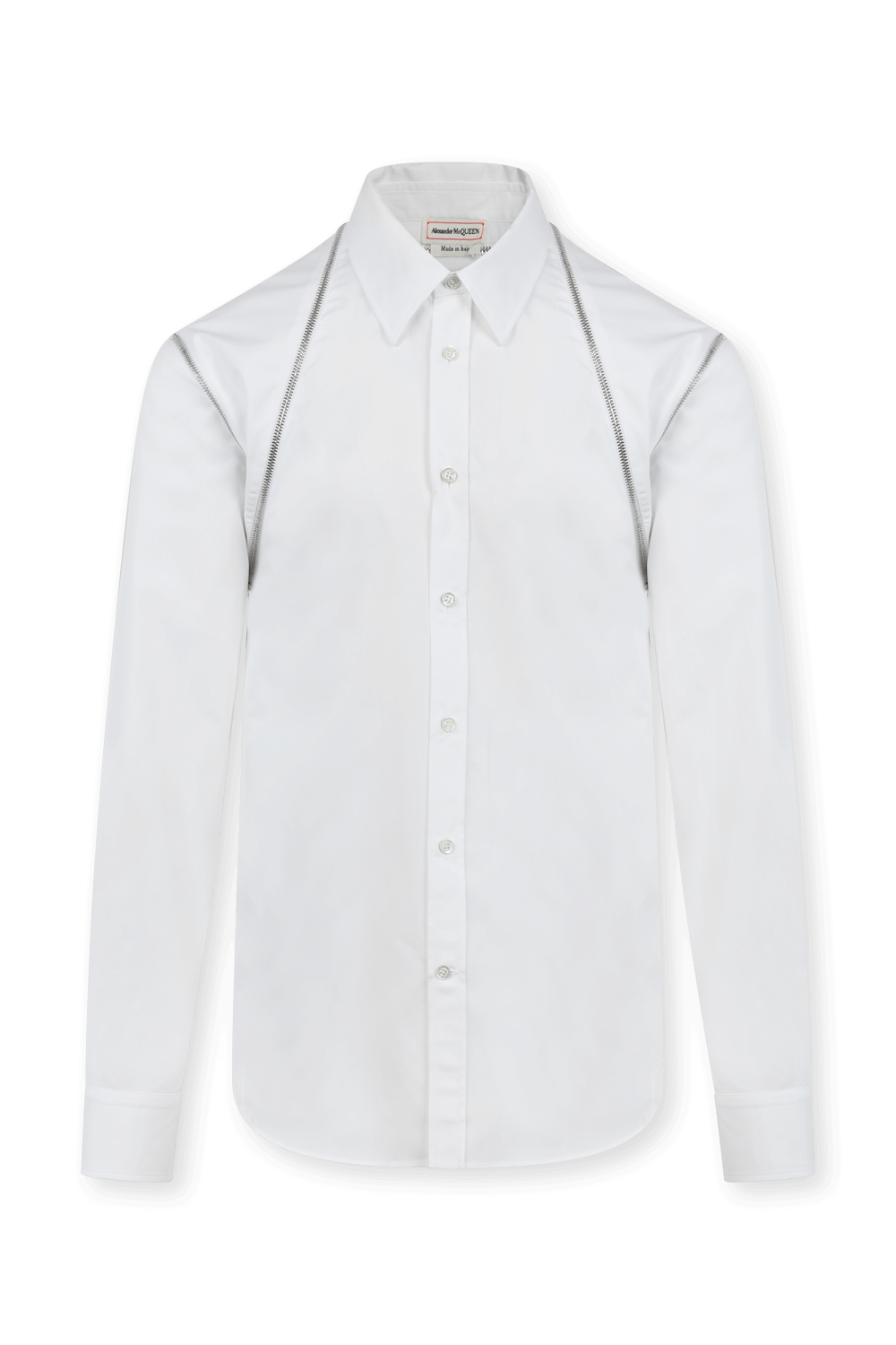 תמונה קידמית של חולצה מכופתרת לבנה עם אפקט רוכסן