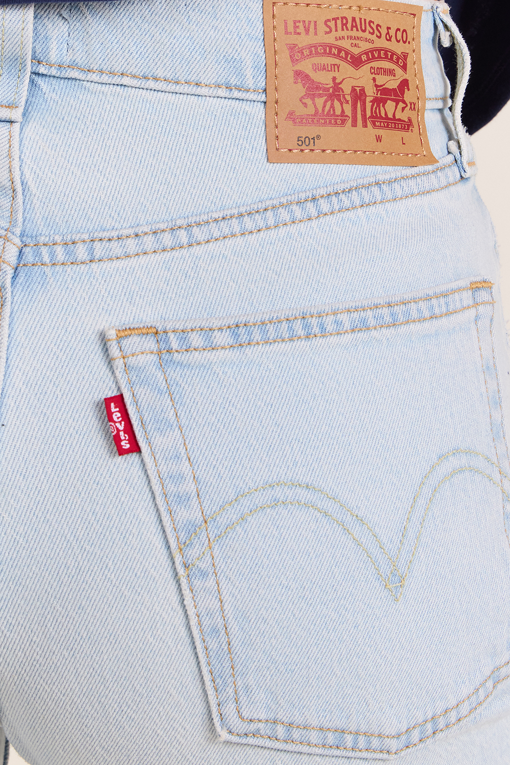 תמונת תקריב דוגמן של מכנסי ג'ינס 501 בגזרה ישרה