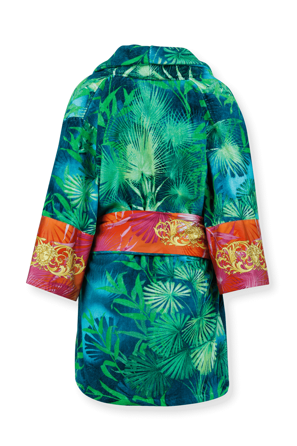 תמונת פנים של חלוק רחצה בגווני ירוק וכתום עם הדפס ג'ונגל