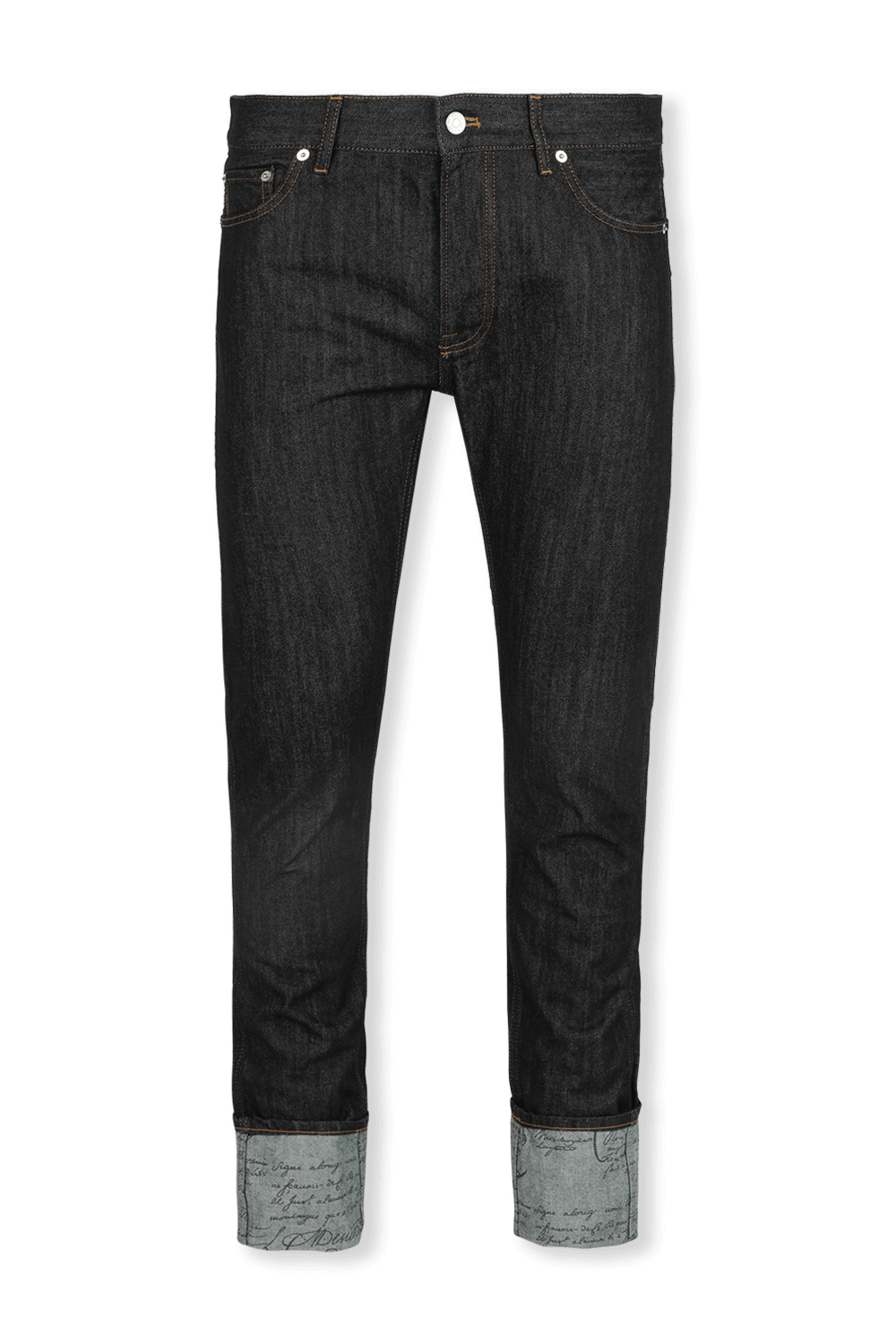 תמונה קידמית של Scritto Straight Denim Trousers in Dark Indigo