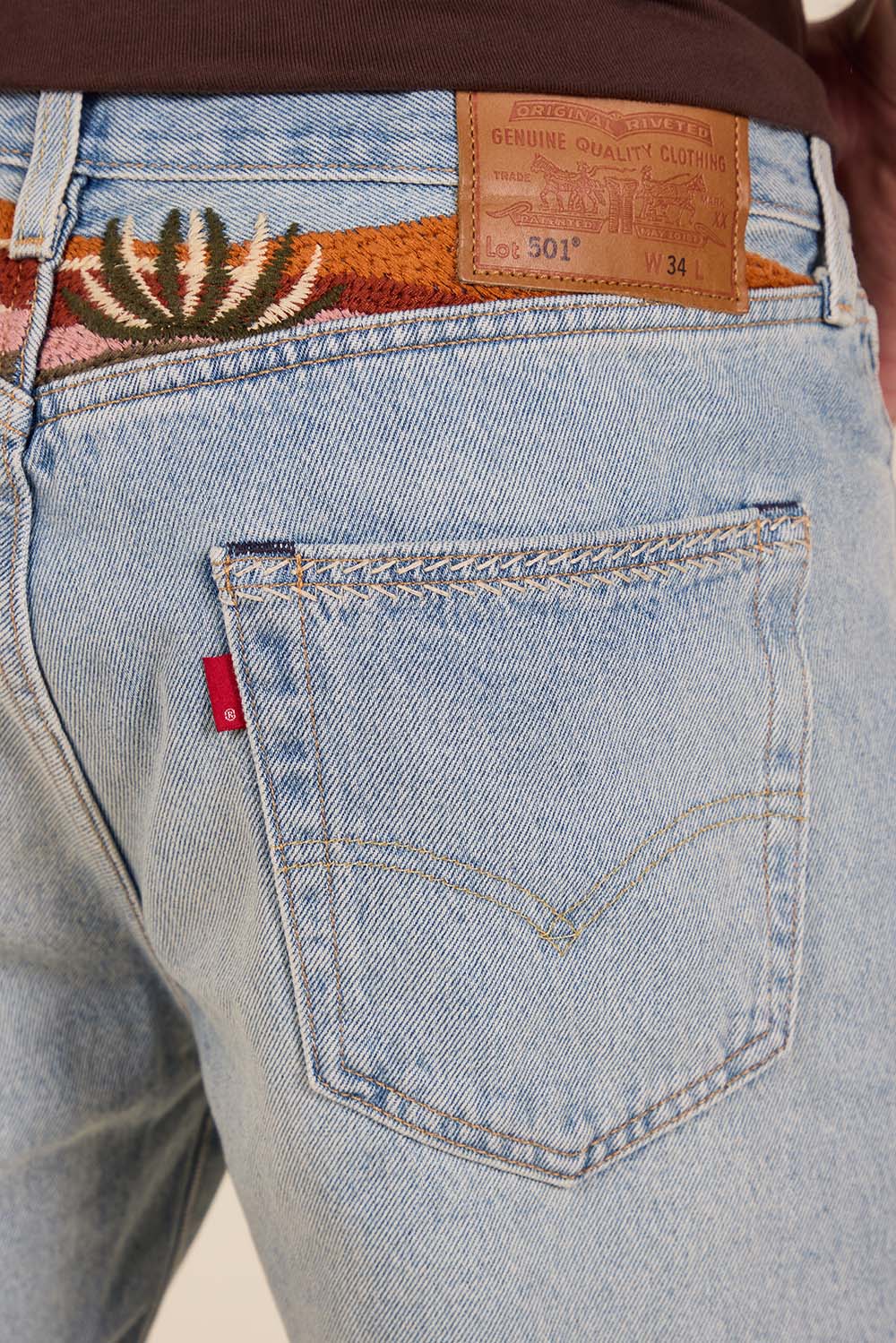 תמונת תקריב דוגמן של מכנסי ג'ינס קצרים 501