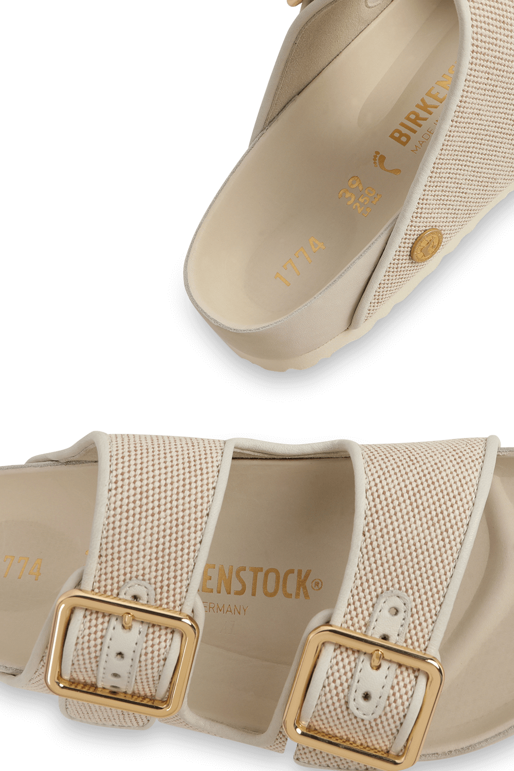 תמונת תקריב של סנדלי אריזונה 1774 בגוון קרם עם אבזם זהב