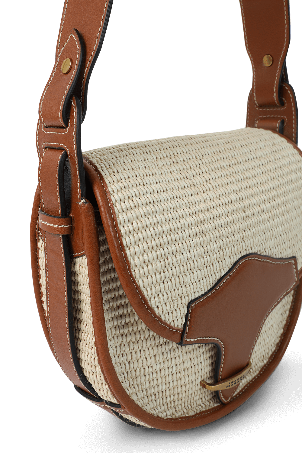 תמונת תקריב של תיק אוכף מרפיה טבעית