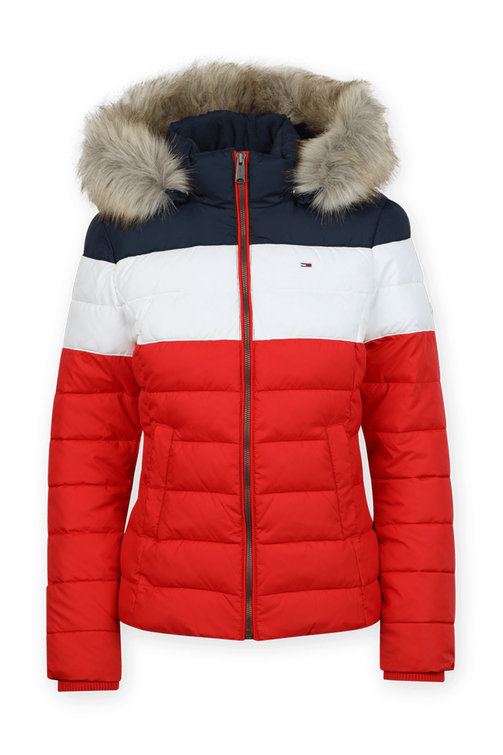 תמונה קידמית של מעיל פאפר קולור-בלוק בצבעי כחול לבן ואדום