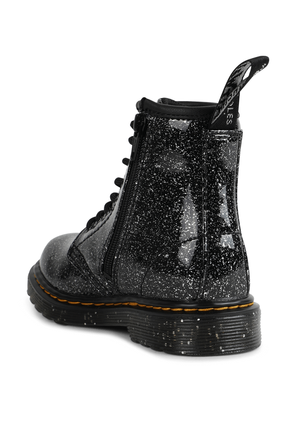 תמונה אחורית של מידות 22-27 מגפי עור קלאסיות בצבע שחור גלוסי עם נקודות לבנות