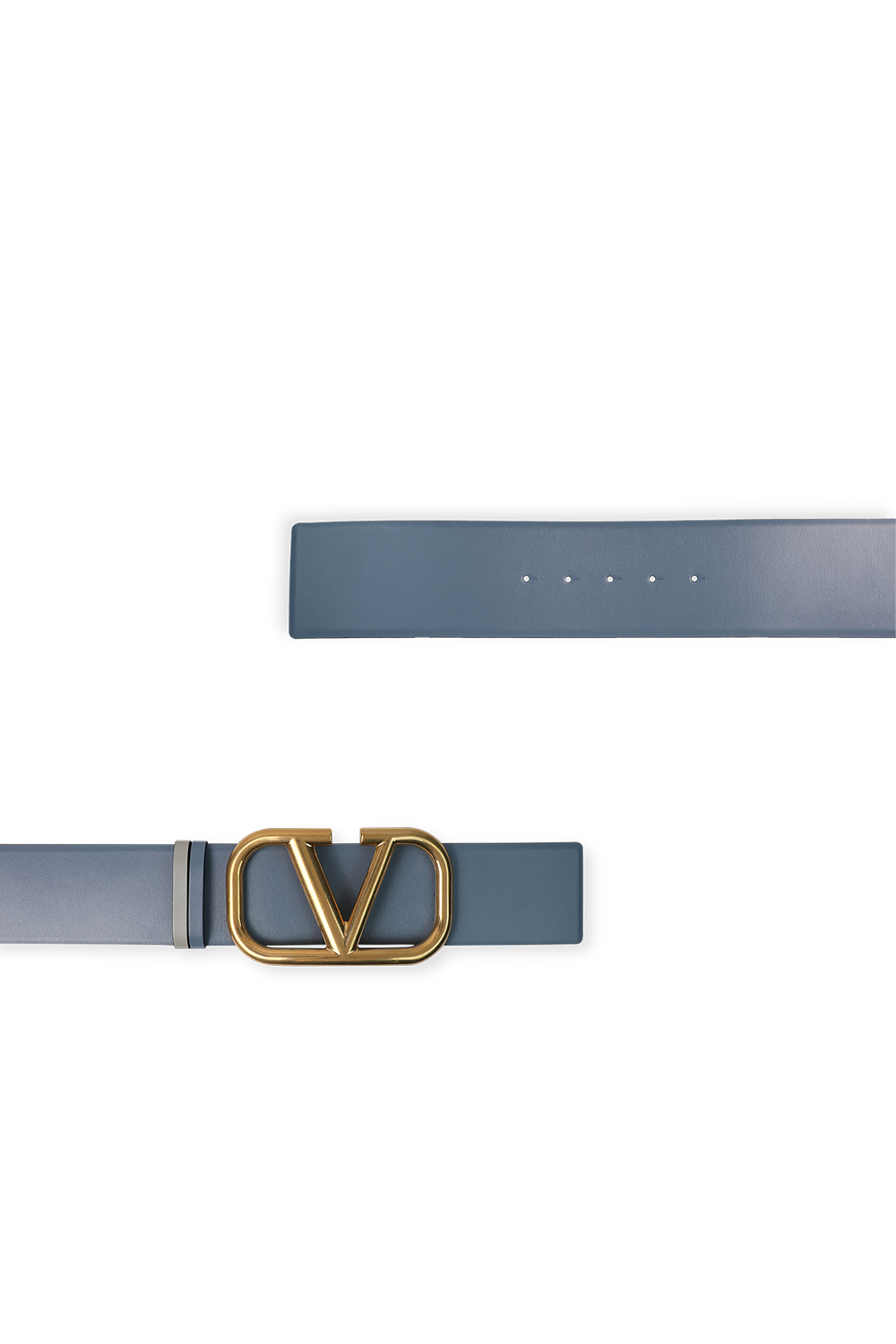 תמונה אחורית של חגורת עור בגוון תכלת עם אבזם לוגומאני