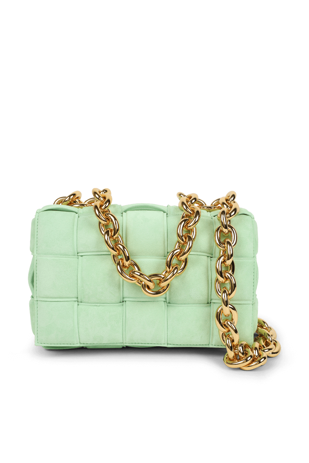 תמונה קידמית של תיק קסטה מקשמיר בגוון ירוק מנטה עם שרשרת זהובה