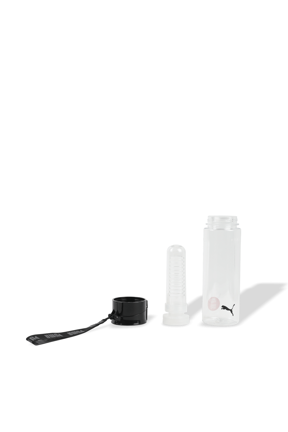 תמונה אחורית של בקבוק מים שקוף עם מחסנית פנימית