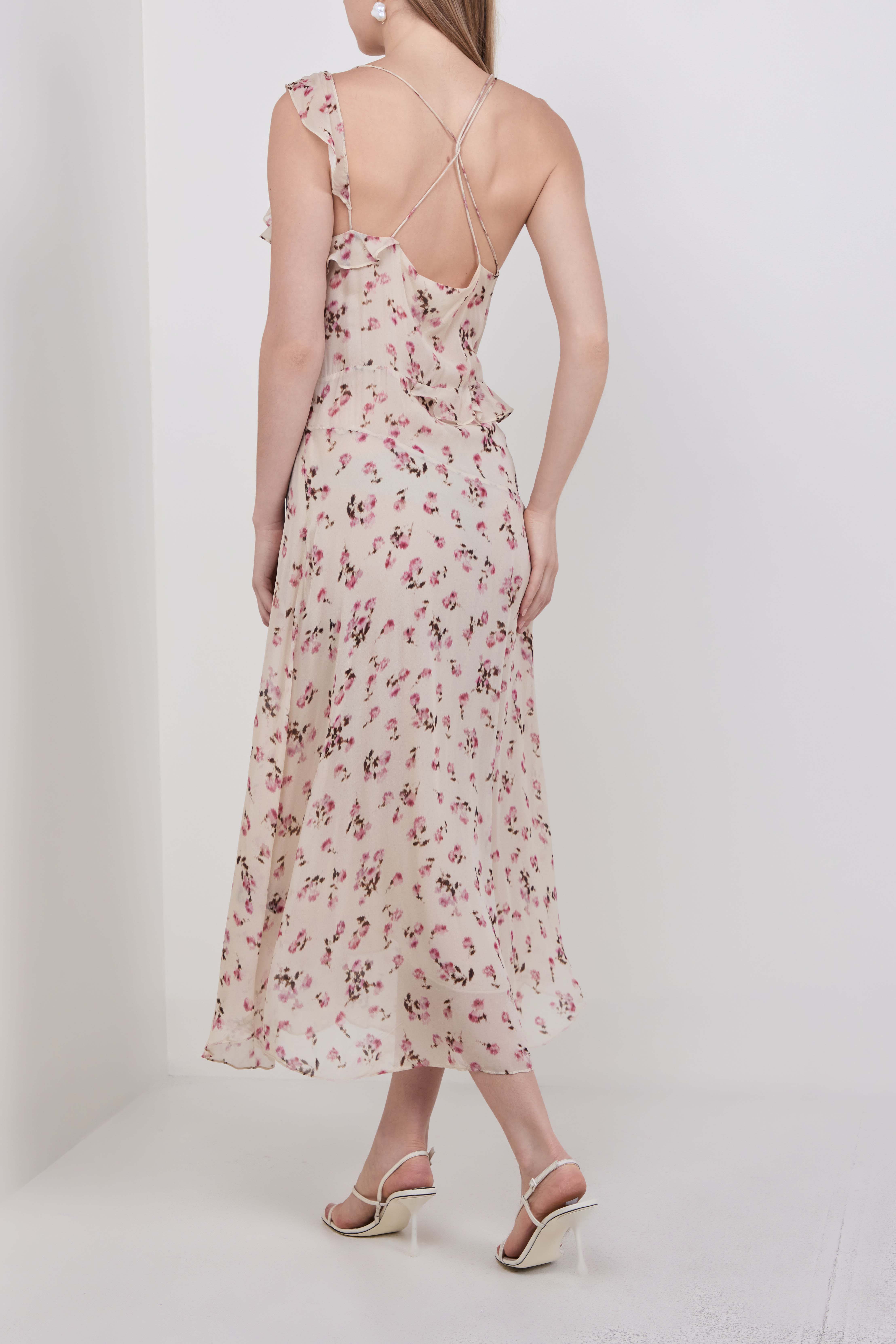 תמונת דוגמן אחורית של שמלת מקסי פרחונית