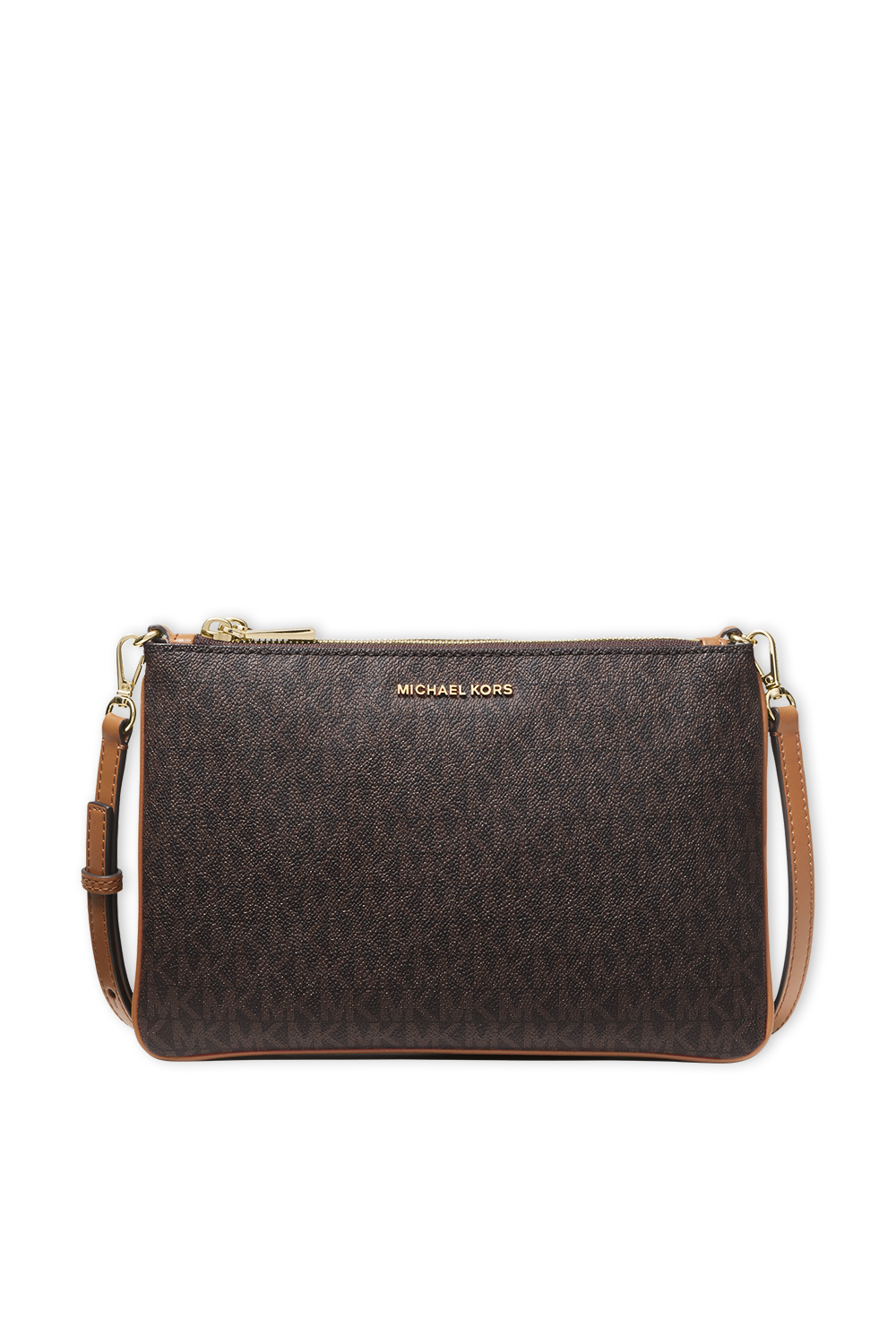 תמונה קידמית של תיק צד מונוגרמי אדל בגווני חום