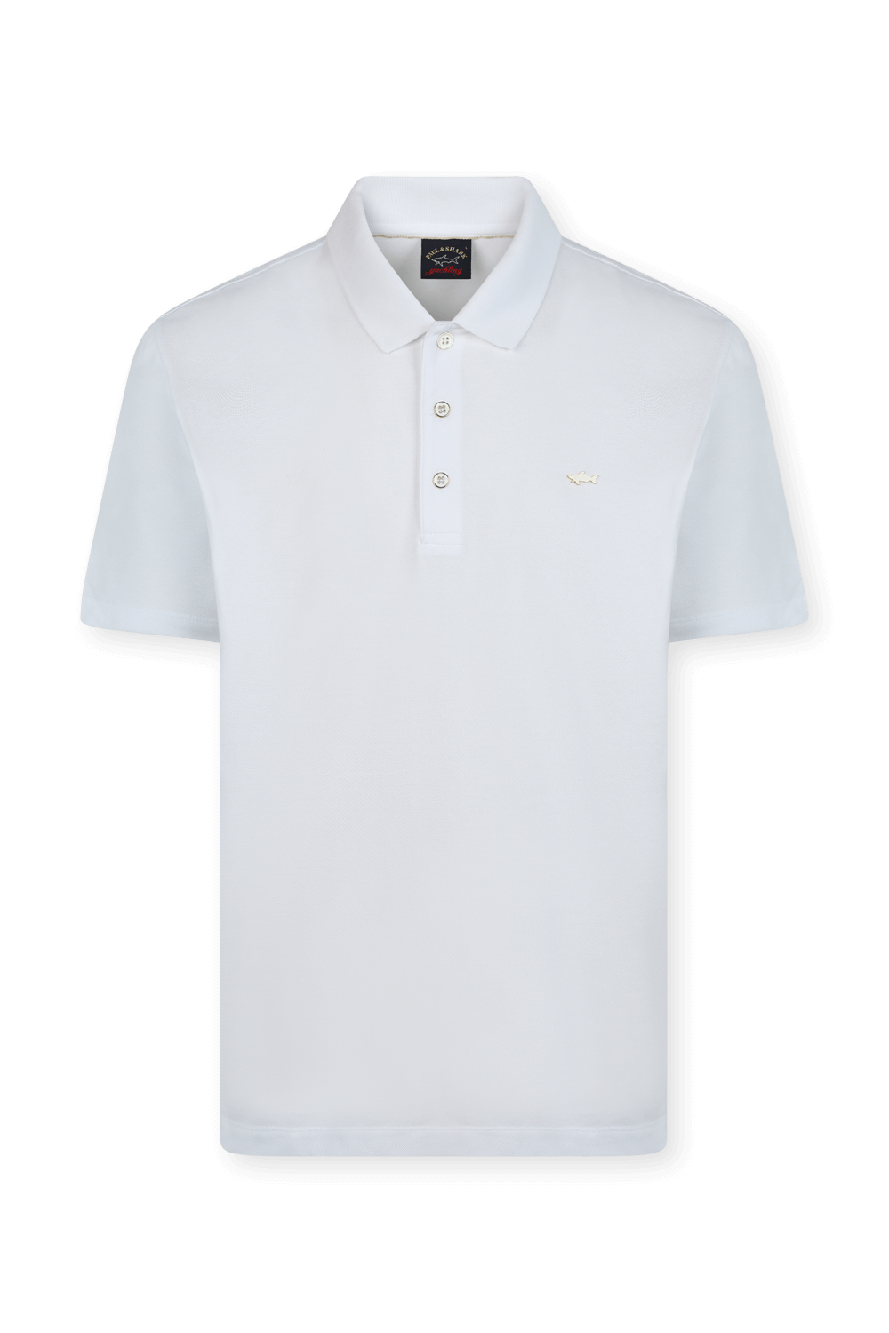 תמונה קידמית של חולצת פולו לבנה עם לוגו כריש מוזהב