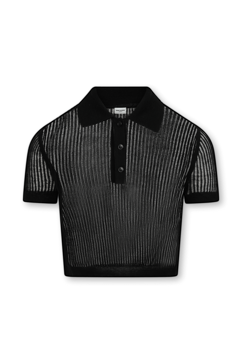 תמונה קידמית של חולצת פולו קרופ שחורה עם שרוולים קצרים מפשתן ומשי