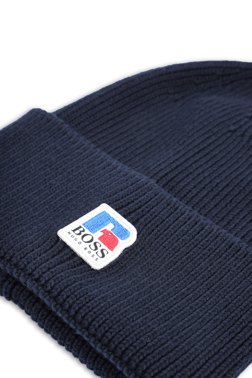 תמונת תקריב של Boss X Russell Athletic Ribbed Beanie Hat in Dark Blue