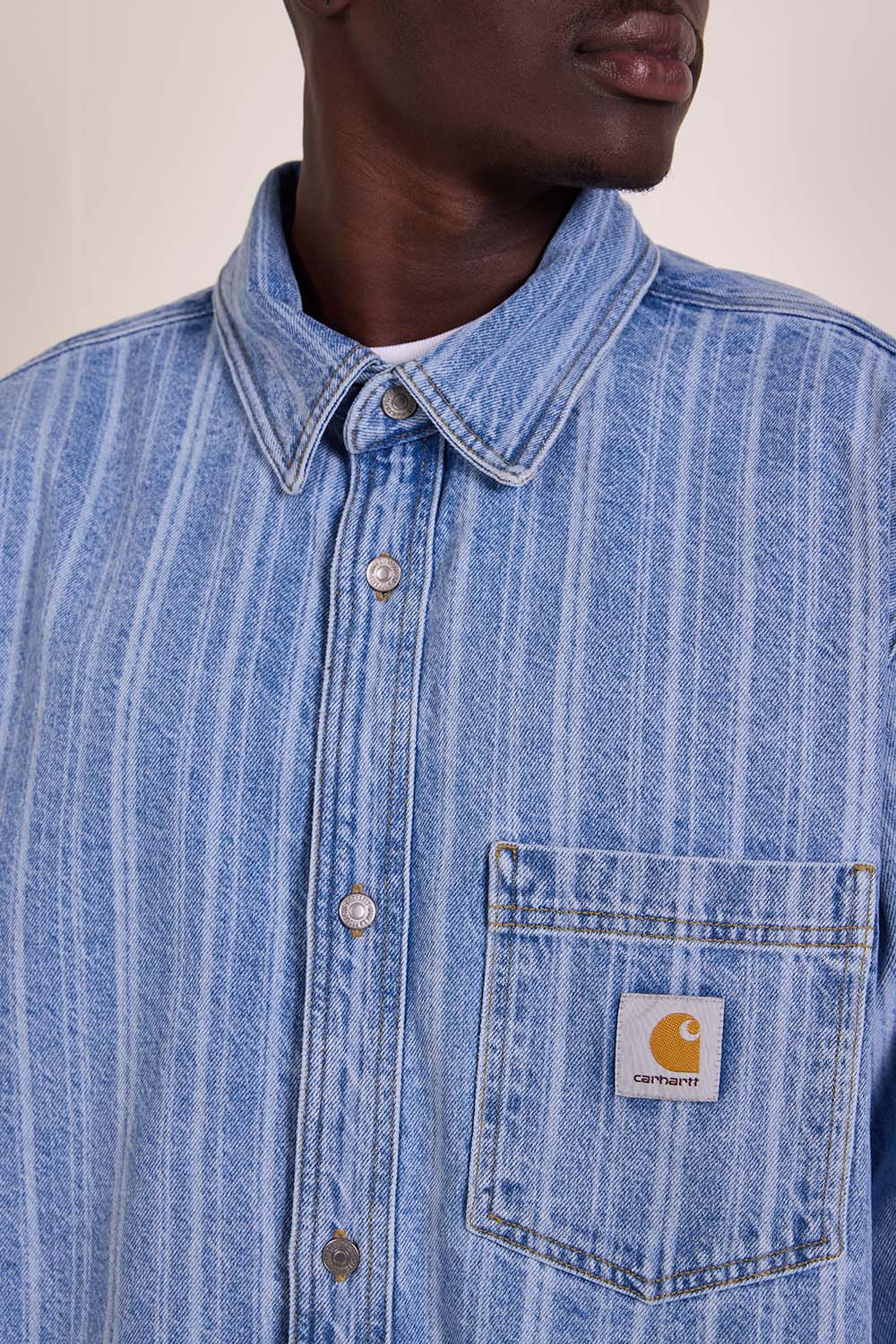 תמונת תקריב דוגמן של ז'קט ג'ינס פסים