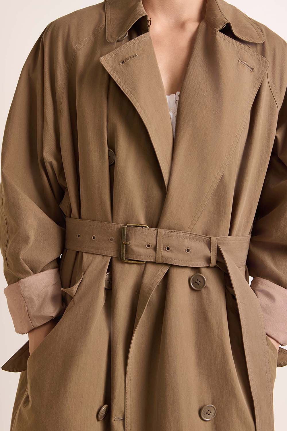 תמונת תקריב דוגמן של מעיל טרנץ'