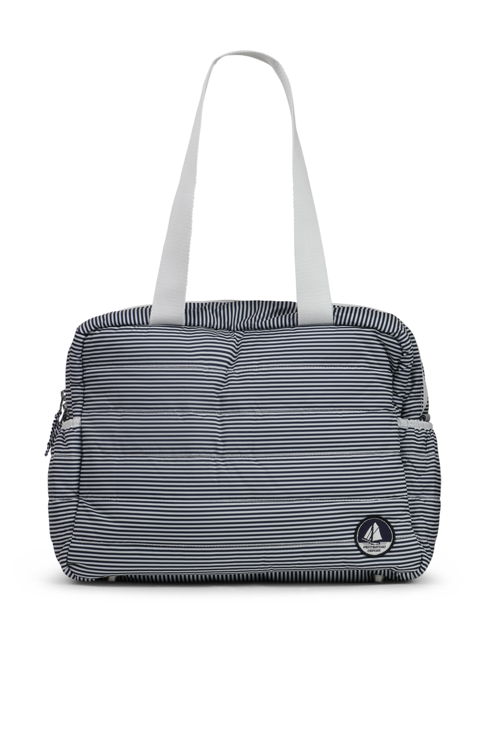 תמונה קידמית של תיק החתלה בהדפס פסים