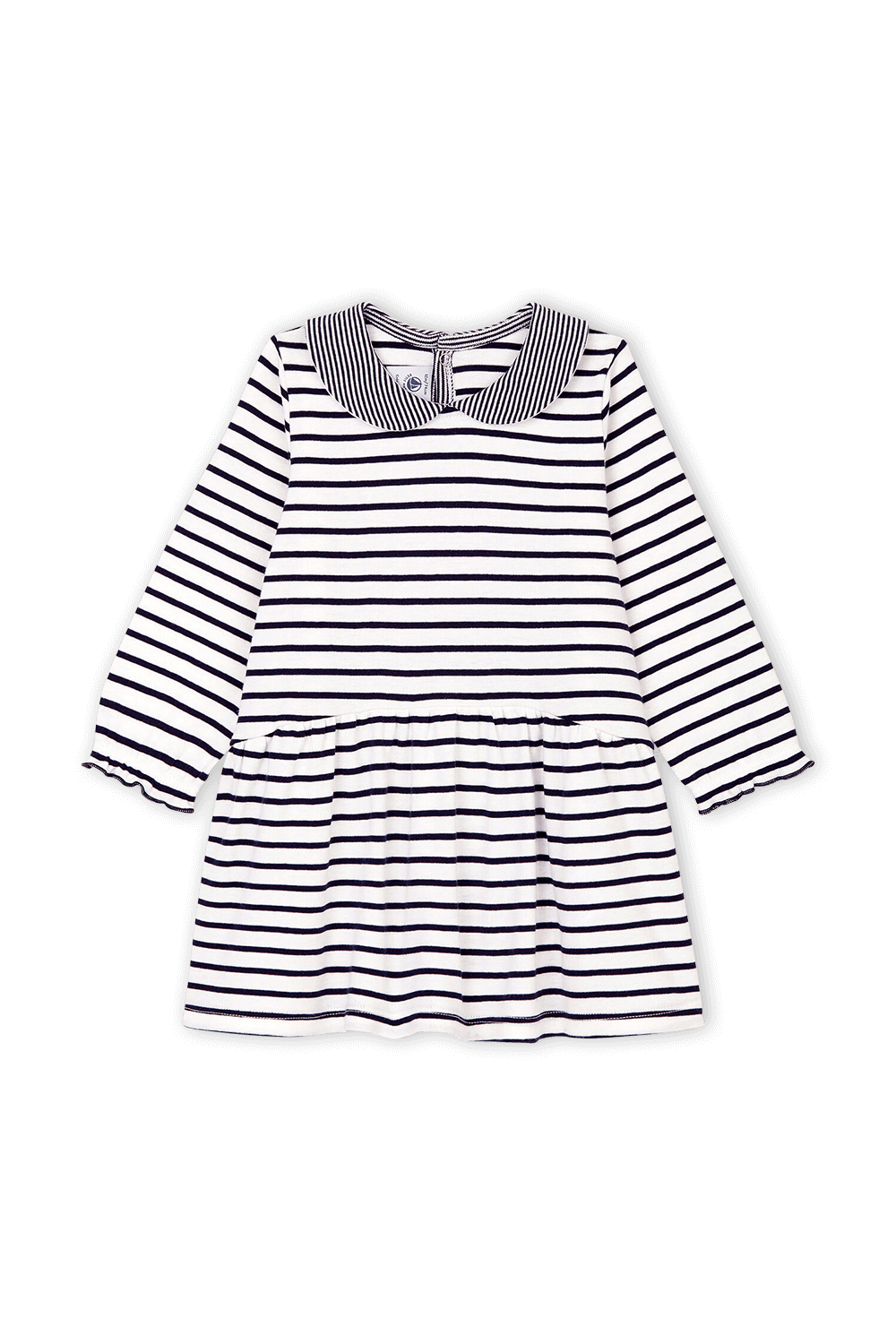 תמונה קידמית של גילאי 18-36 חודשים שמלת פסים כחולים על רקע לבן-מרשמלו עם צווארון פיטר פן