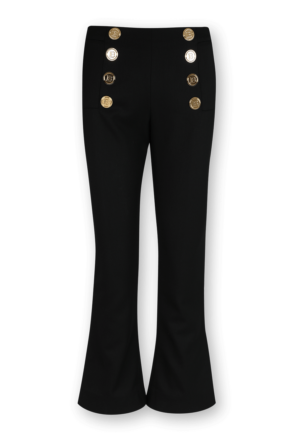 תמונה קידמית של מכנסי קרופ שחורים עם כפתורי זהב