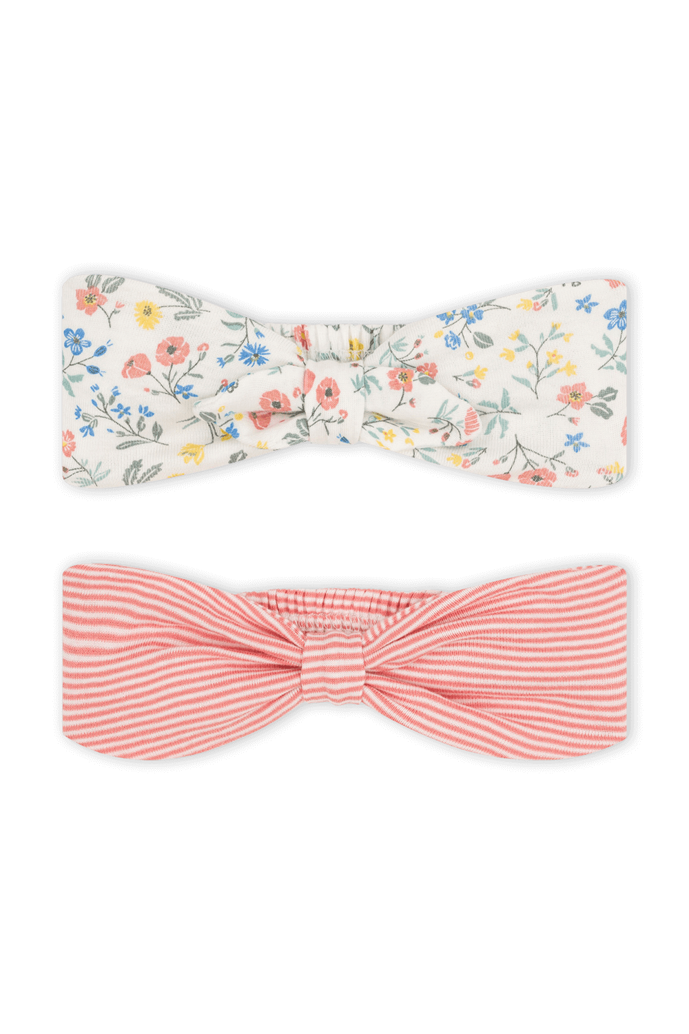 תמונה קידמית של מארז שני פפיונים לשיער עם הדפס פרחוני והדפס פסים ורוד