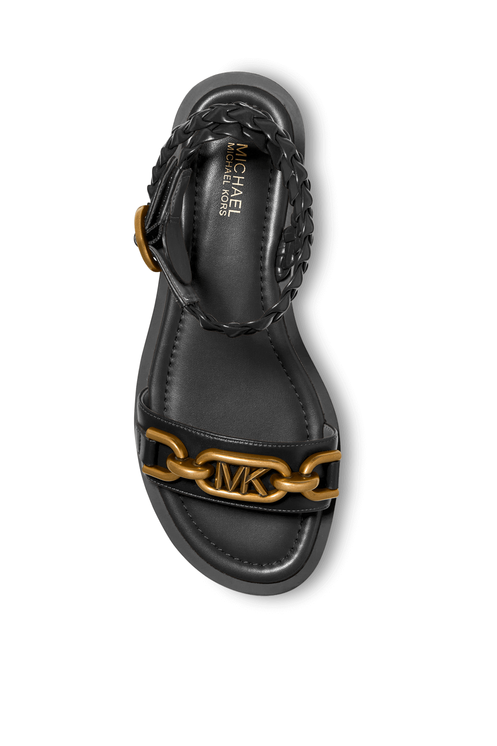 תמונה אחורית של סנדלי קיילי שטוחים עם אלמנט מונוגרמי מוזהב