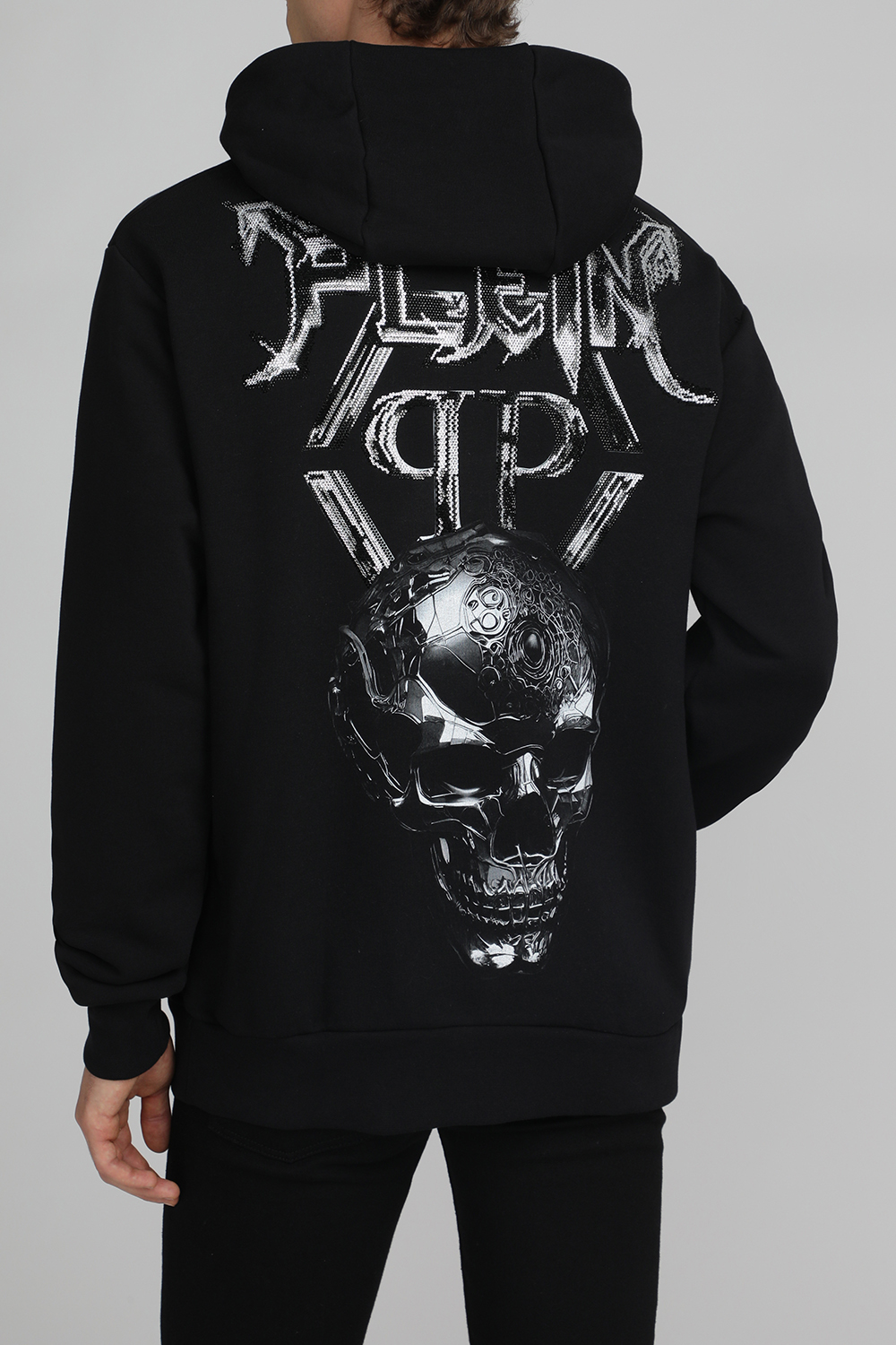 תמונת דוגמן אחורית של סווטשירט קפוצ'ון עם הדפס אחורי