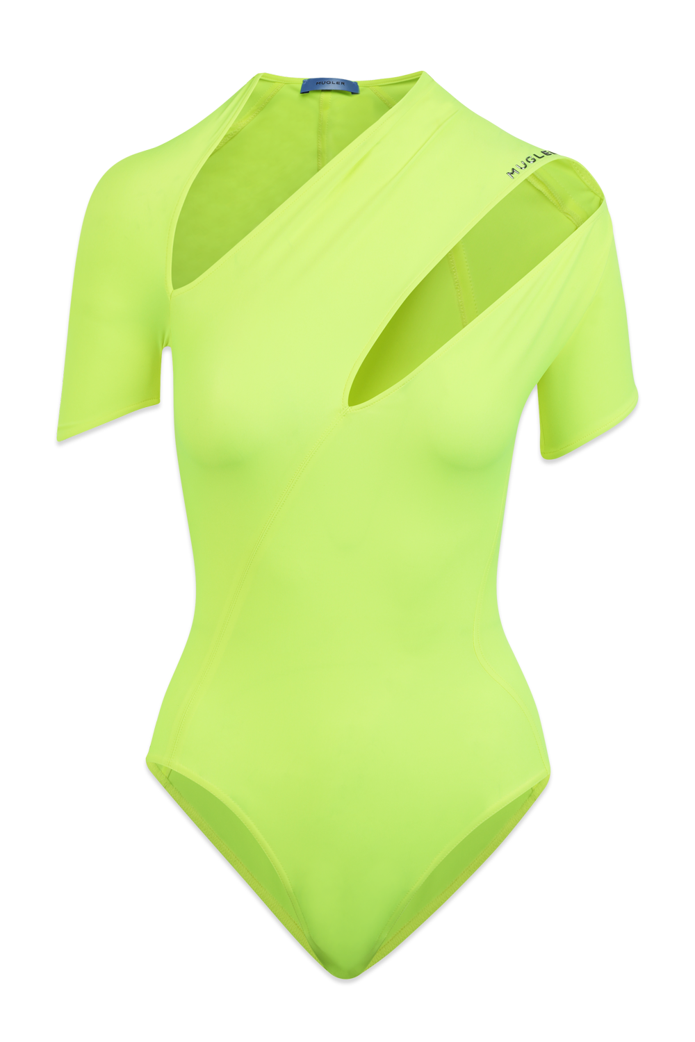 תמונה קידמית של בגד גוף עם פתחי קאטאאוט בצבע ירוק ניאון