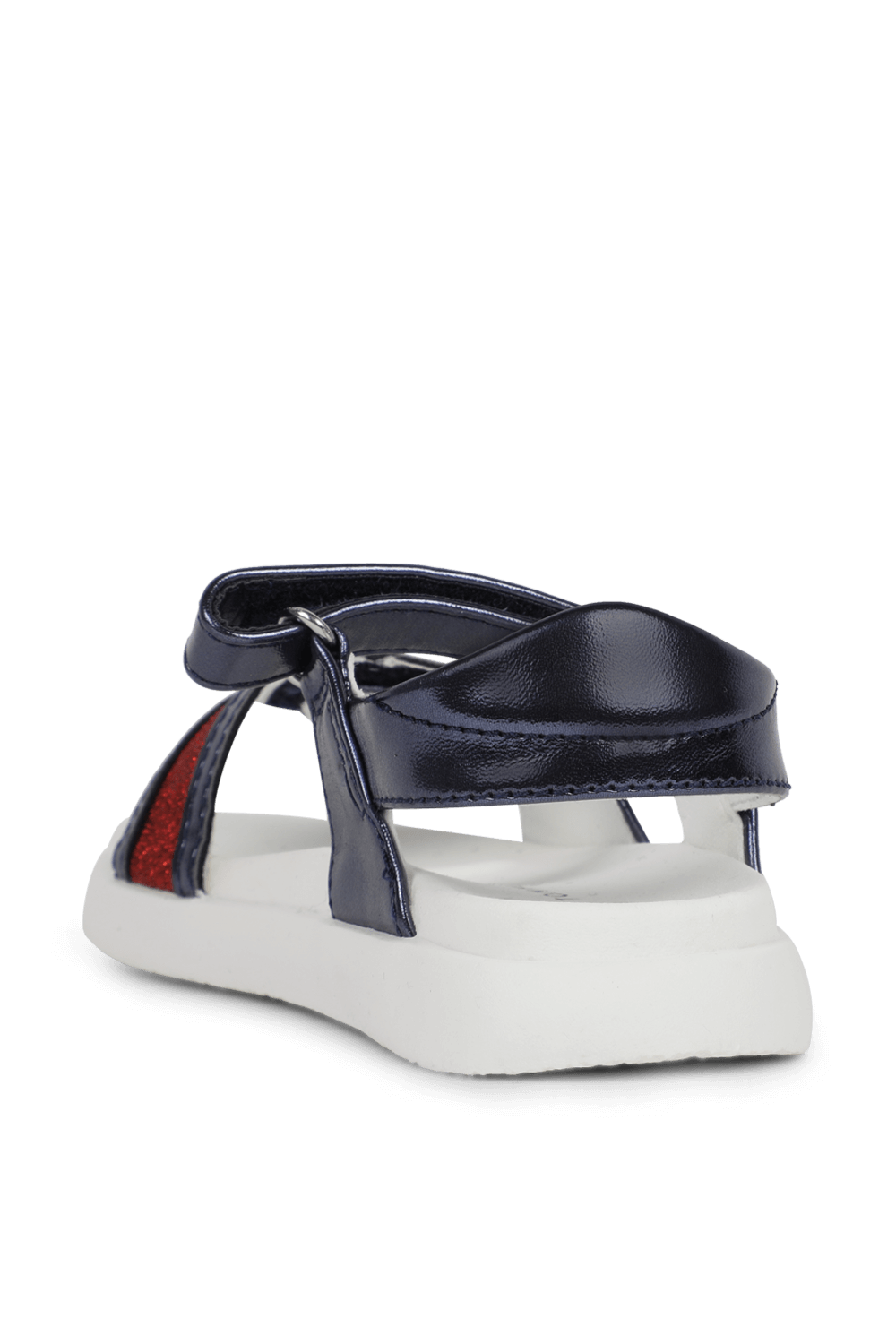 תמונה אחורית של מידות 24-29 סנדלים כחולים מטאליים עם רצועה מנצנצת