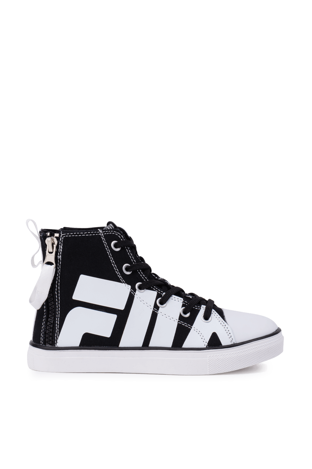 תמונה קידמית של מידות 32-37 סניקרס לוגו גבוהות בשחור ולבן