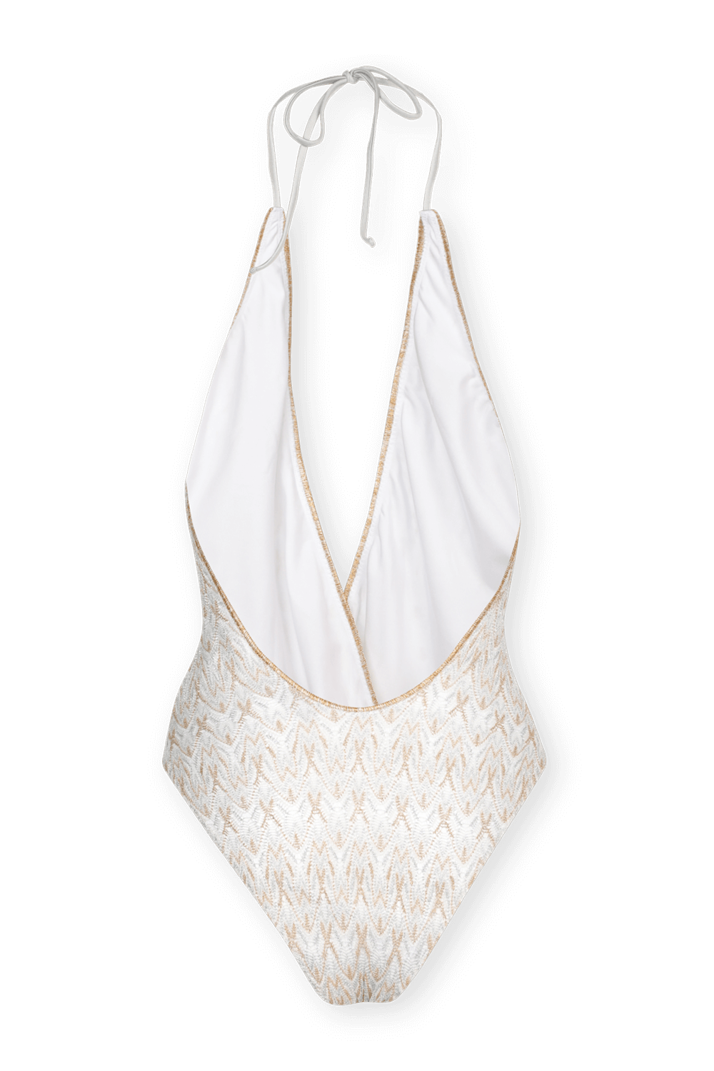 תמונת תקריב של בגד ים שלם סרוג בגווני כסף וזהב