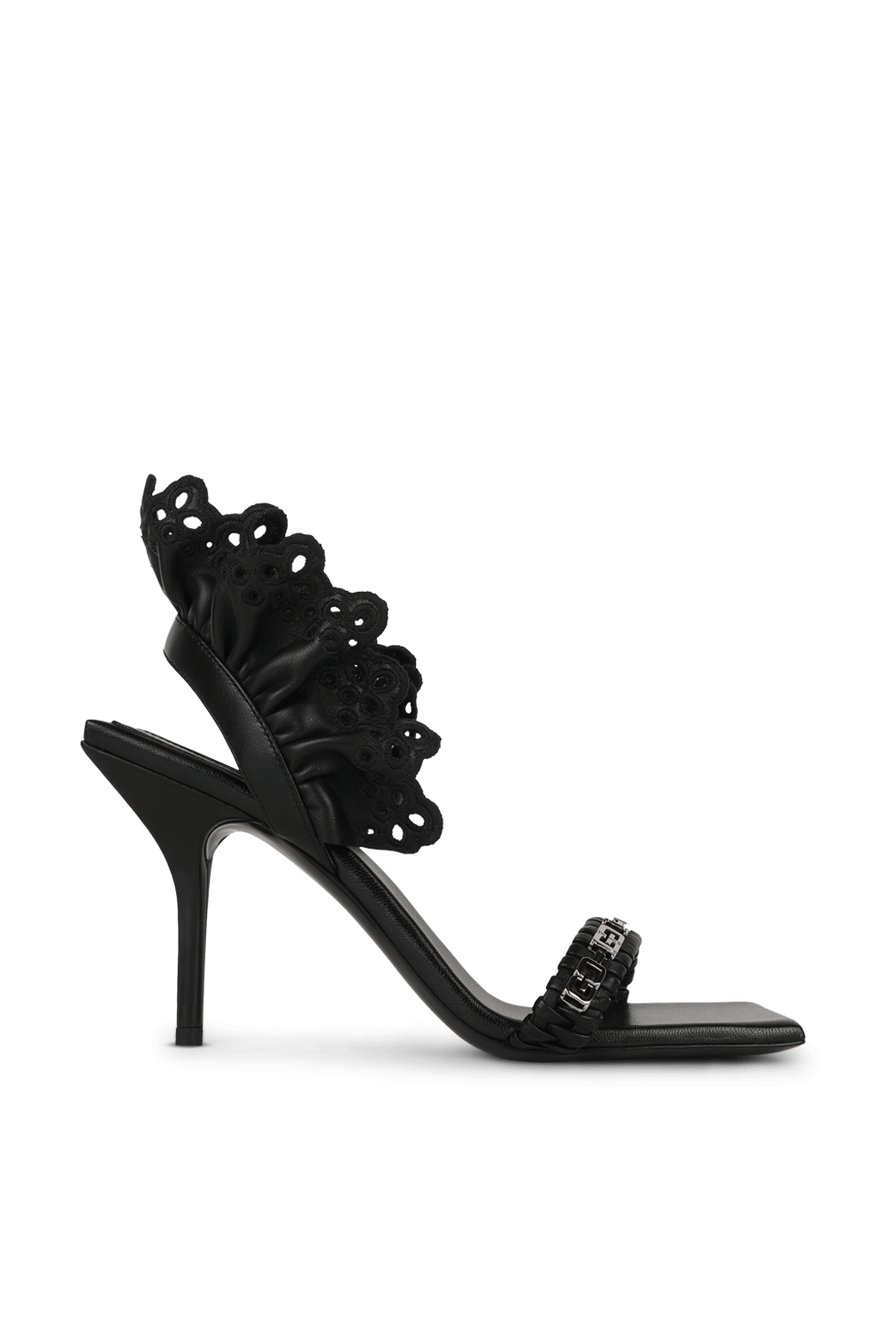 תמונה קידמית של עקבי סלינגבק שחורים עם עיטור מלמלה