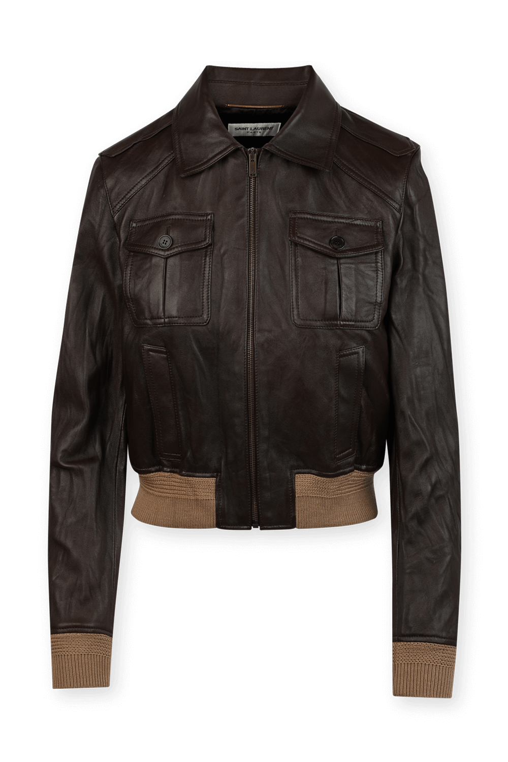 תמונה קידמית של ז'קט עור מרוכסן בגוון חום