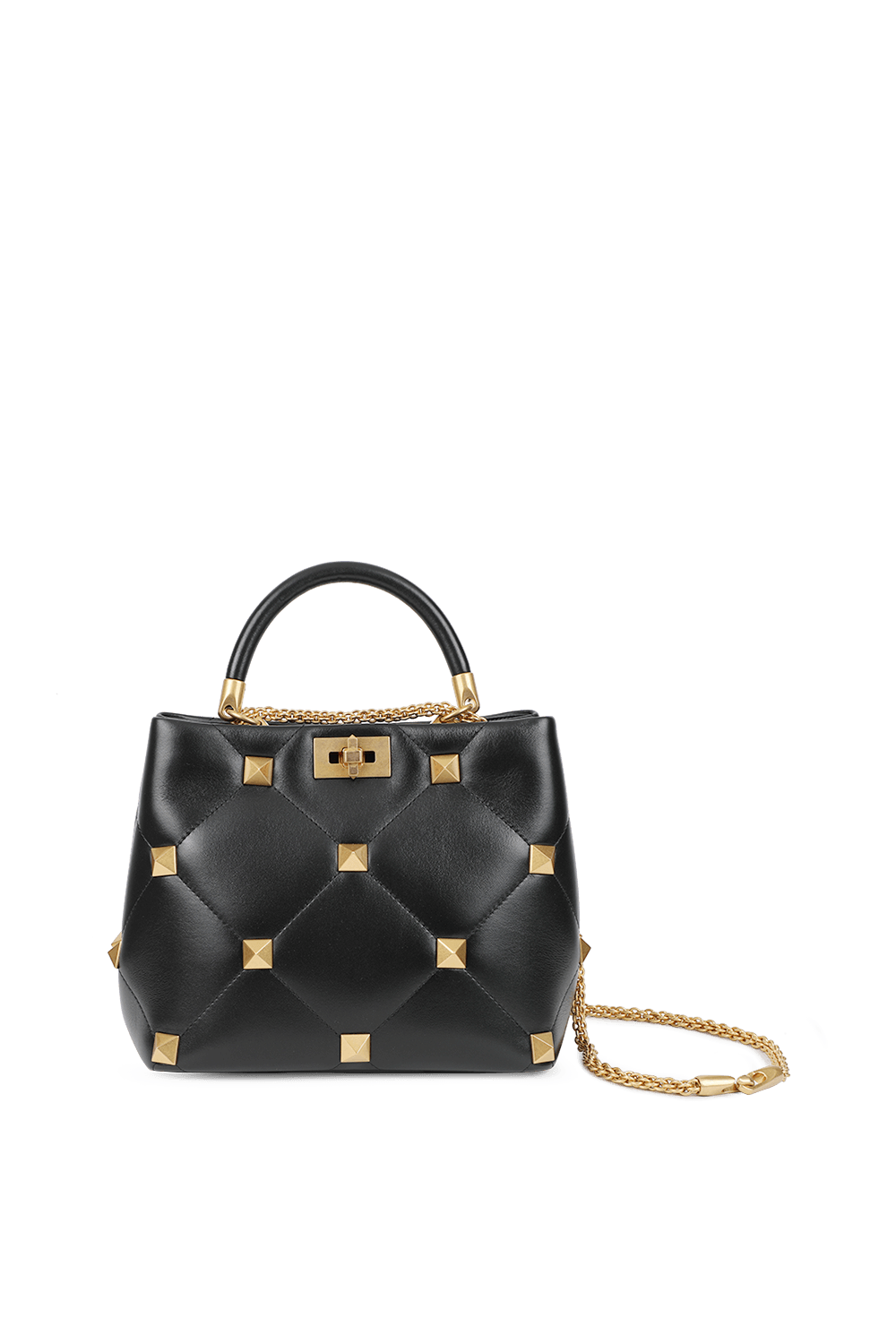 תמונה אחורית של תיק נשיאה מעור שחור עם ניטים זהובים