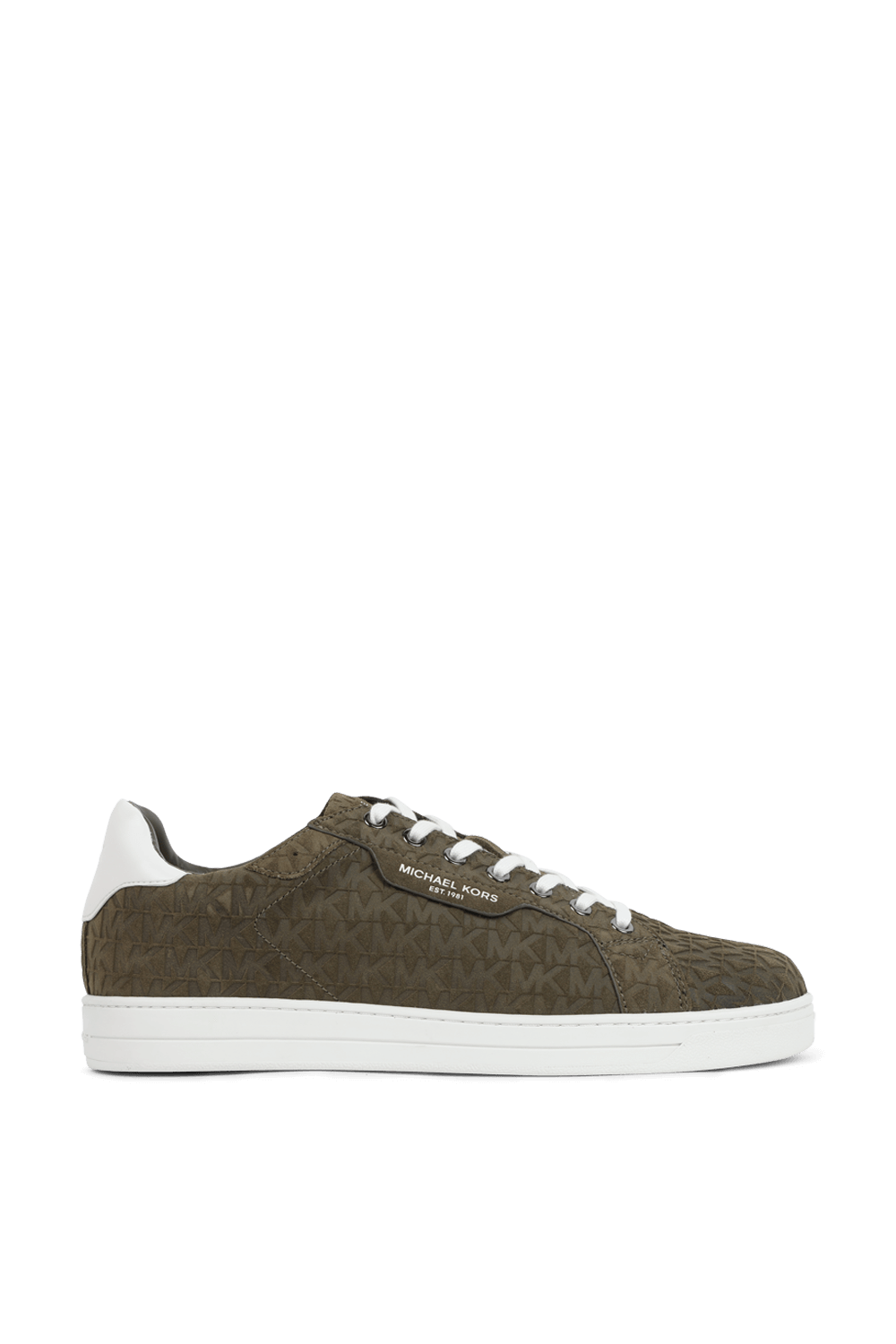 תמונה קידמית של נעלי סניקרס מעור מונוגרמיים בגוון ירוק זית