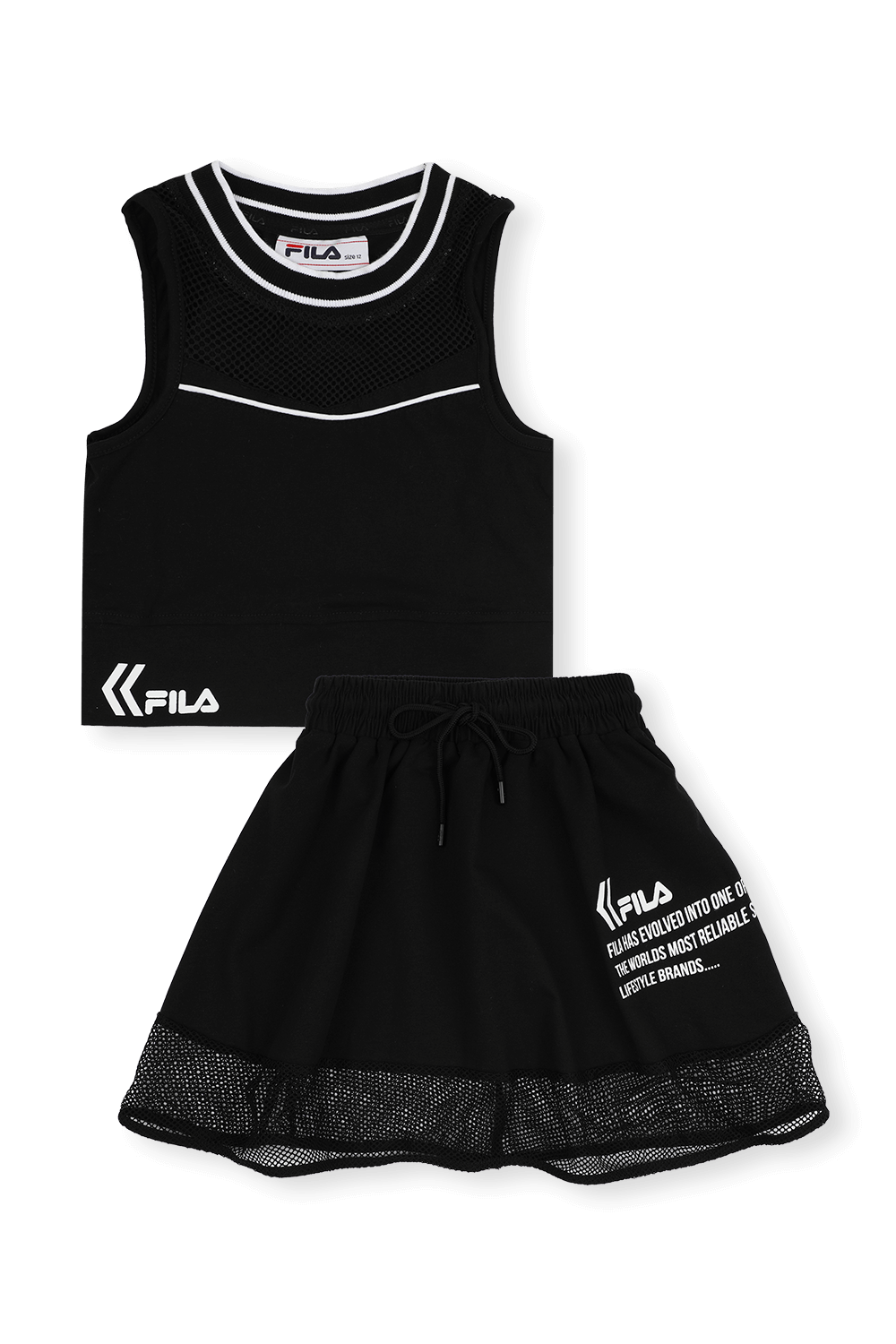 גילאי 6-16 סט הכולל גופייה וחצאית עם לוגו בשחור FILA