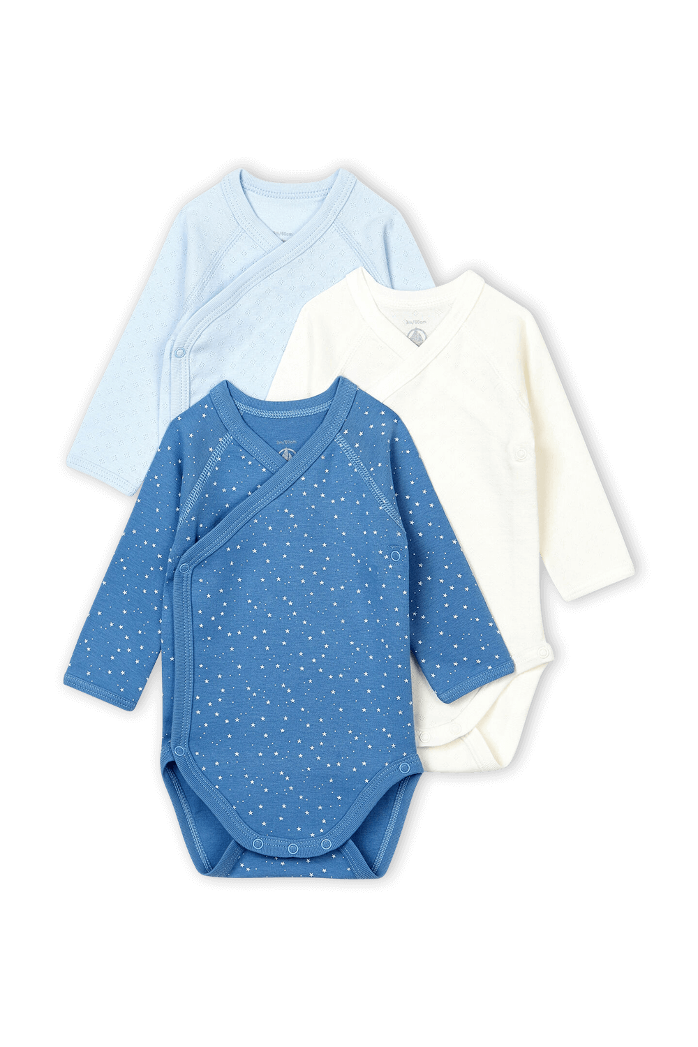גילאי 1-12 חודשים מארז שלוש בגדי גוף בגווני כחול ולבן PETIT BATEAU