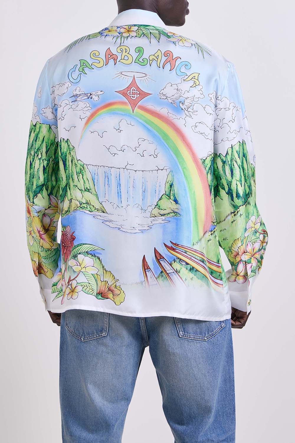 תמונת דוגמן אחורית של חולצת משי כפתורים ארוכה