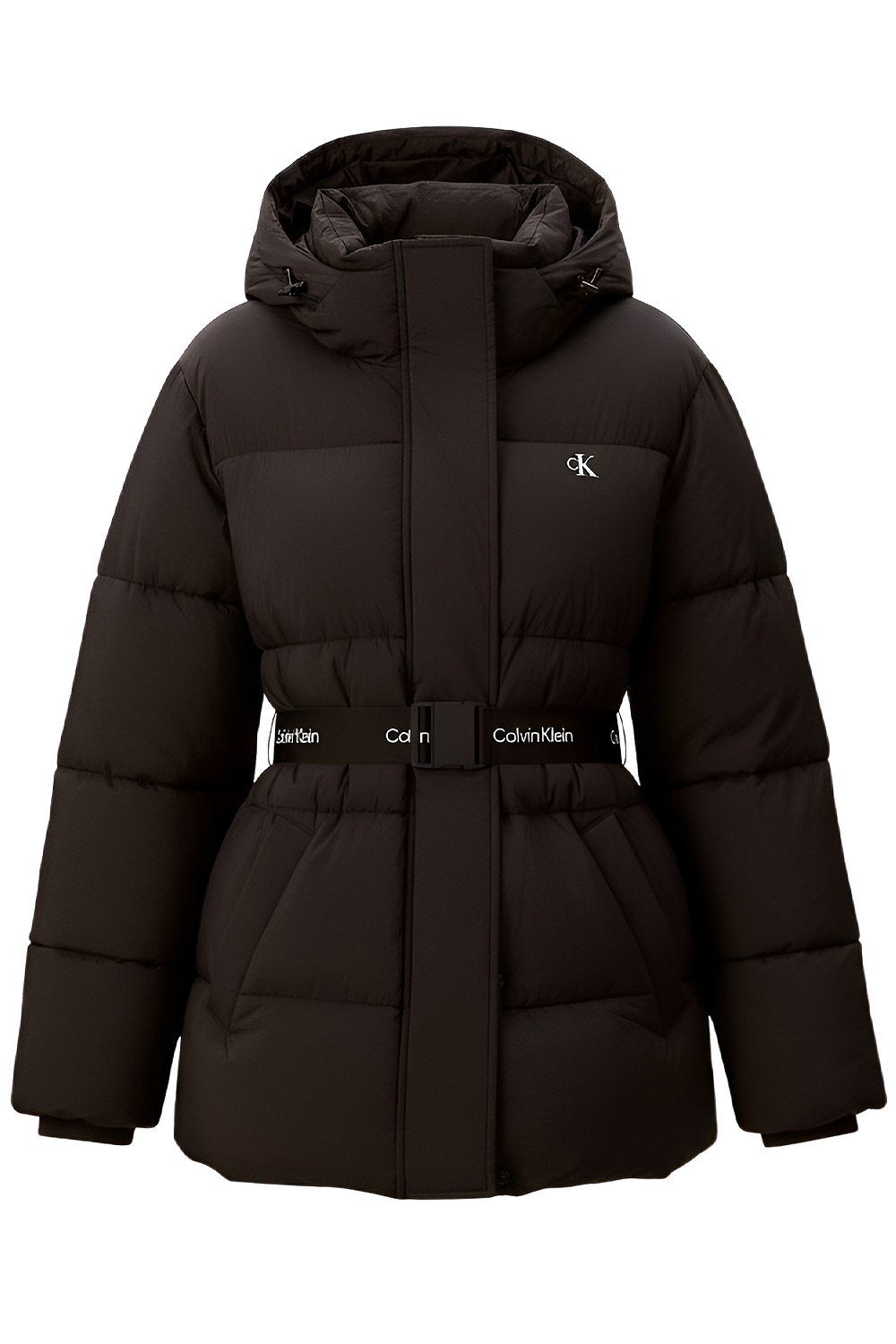 תמונה קידמית של מעיל פוך עם חגורה