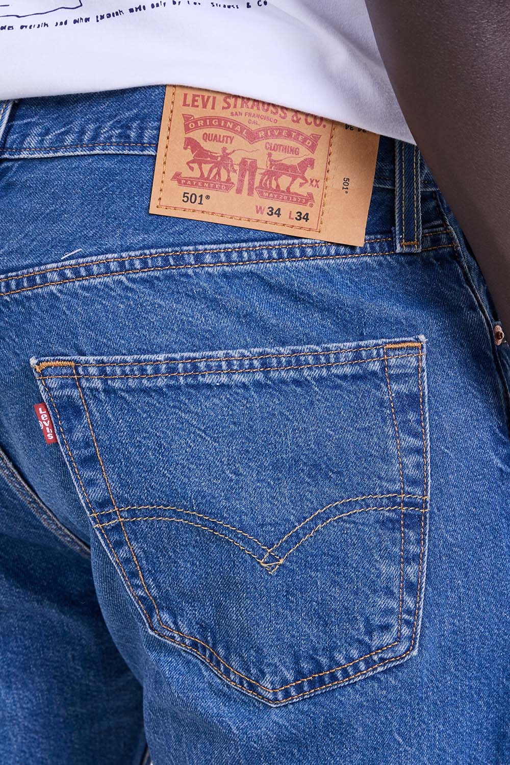 תמונת תקריב דוגמן של מכנסי ג'ינס 501