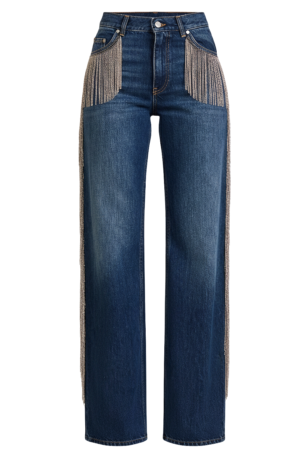 תמונה קידמית של מכנסי ג'ינס רחבים עם פרנזים מטאלים