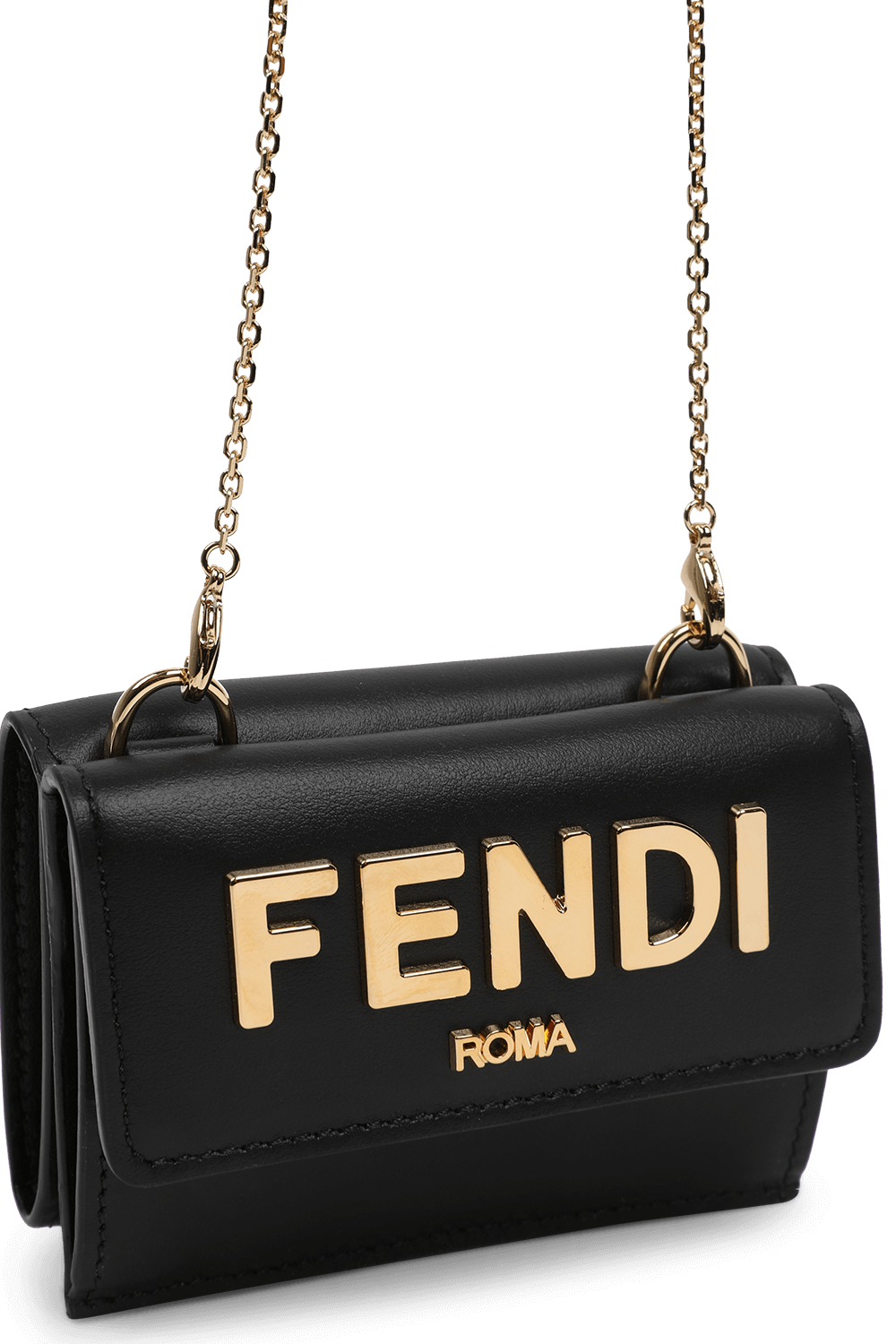 תמונת תקריב של תיק ארנק מעור עם לוגו מוזהב